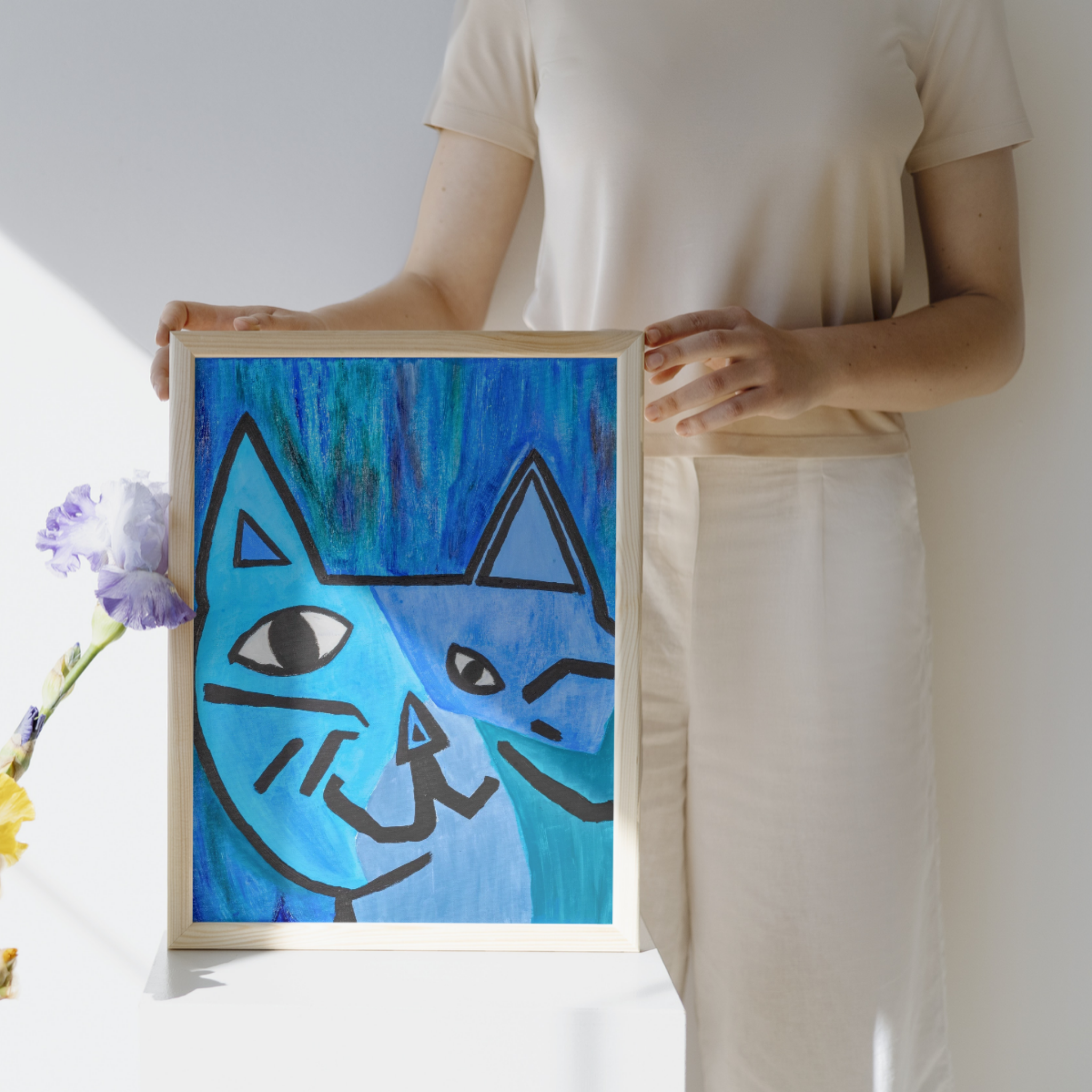 Picasso-Inspired Blue Cat Canvas Print – A3 Bold Abstract Wall Art