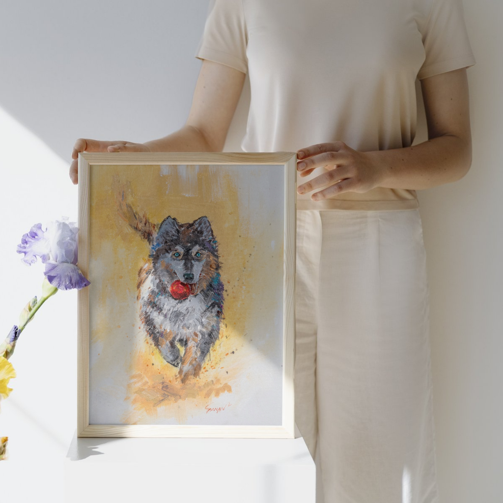 Playful Husky with Red Ball Canvas Print – A3 Energetic Dog Wall Art