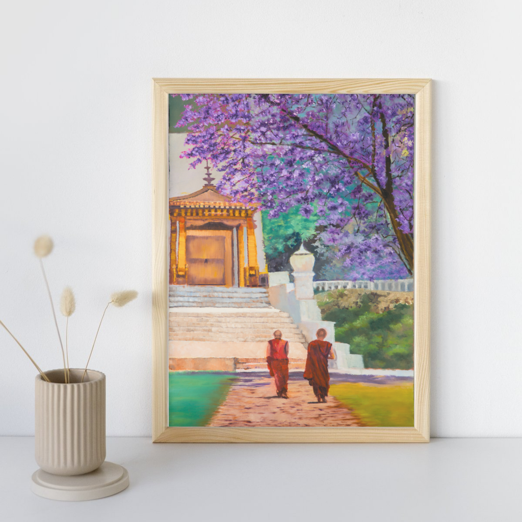 Temple Path Canvas Print – A3 Spiritual Landscape Wall Art with Purple Blossoms