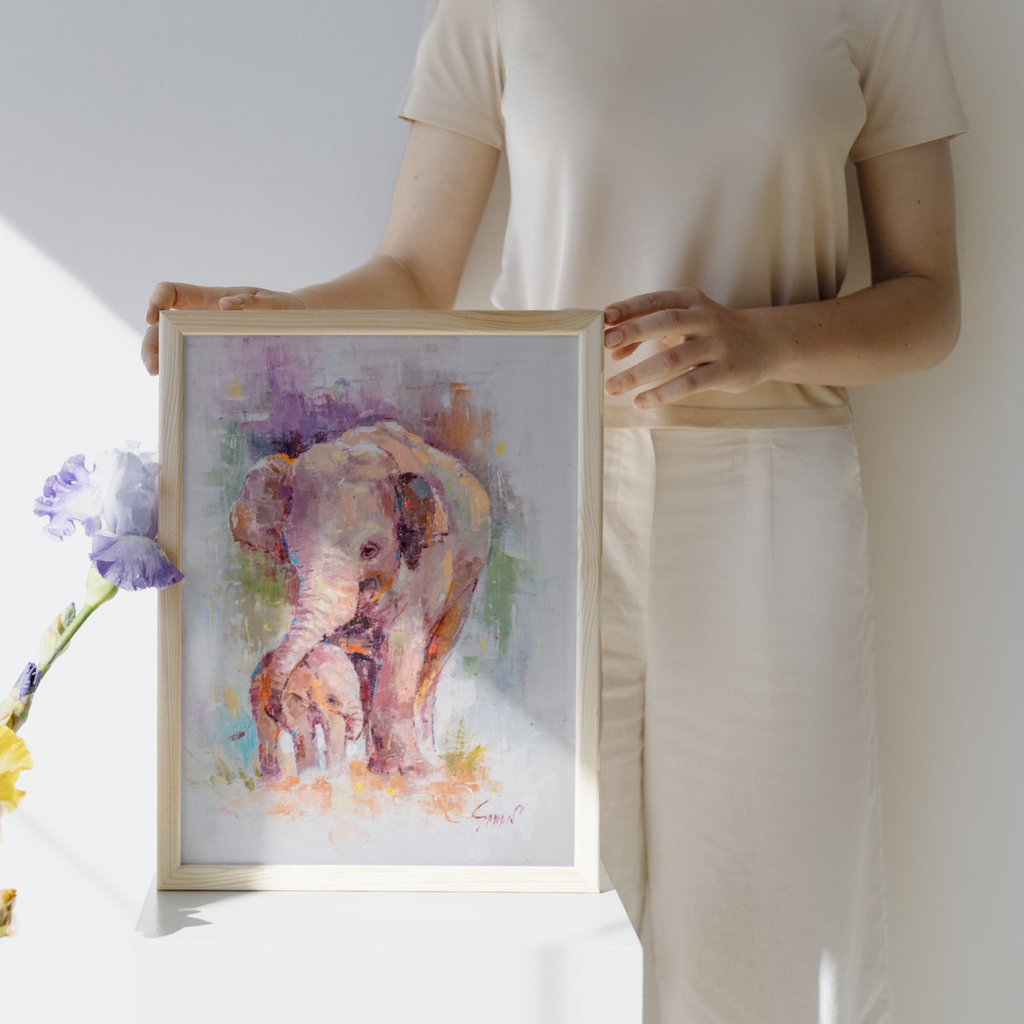 Elephant Mother & Baby Canvas Print – A3 Tender Wildlife Wall Art