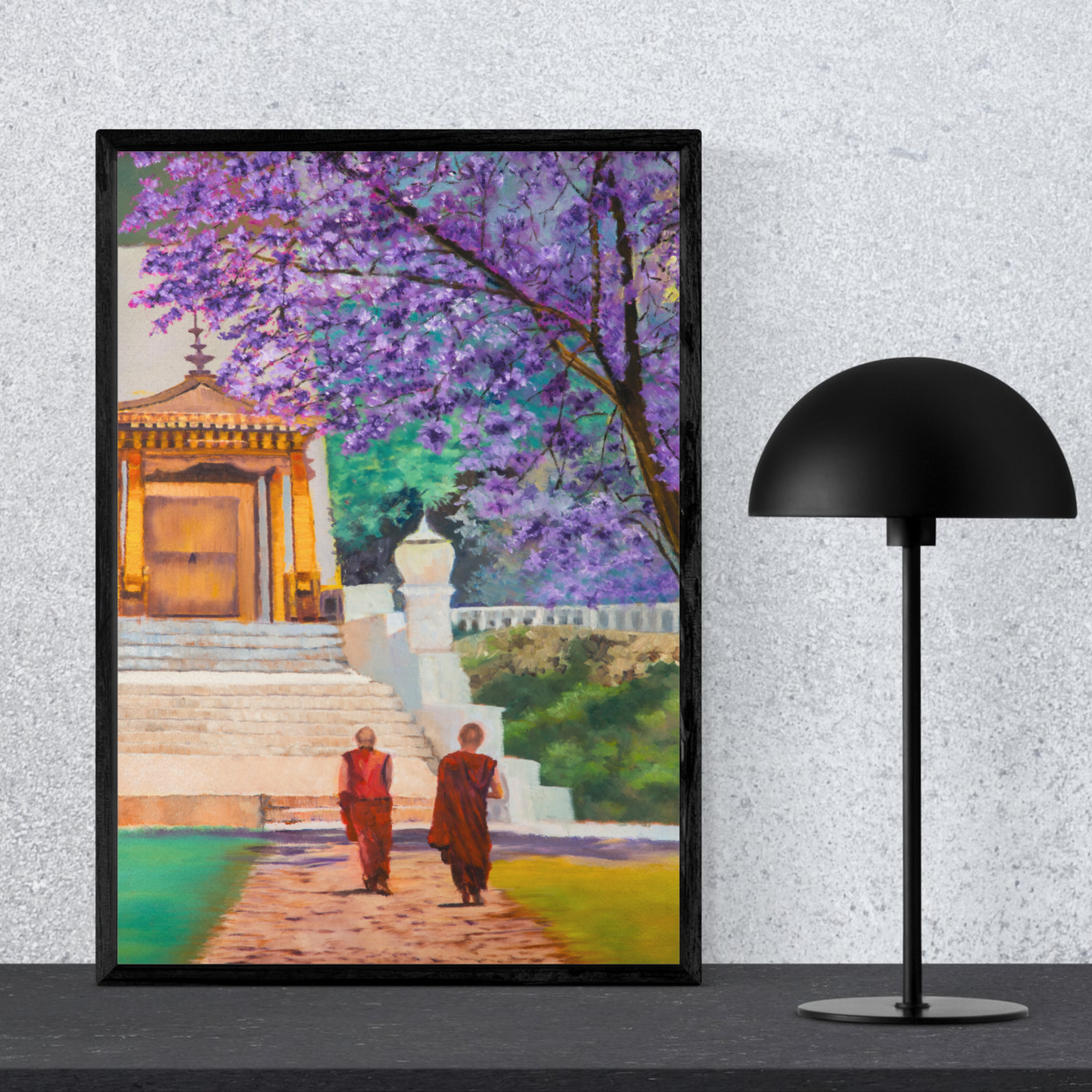 Temple Path Canvas Print – A3 Spiritual Landscape Wall Art with Purple Blossoms