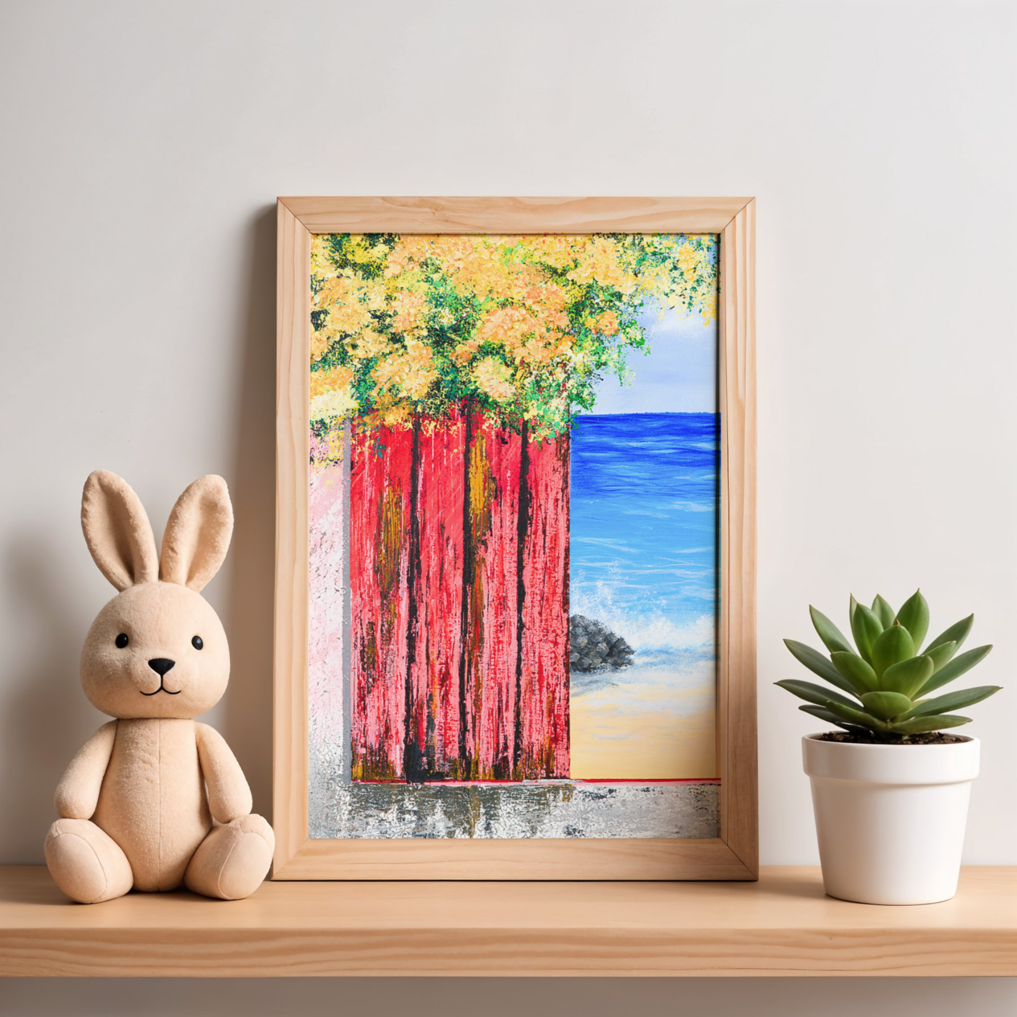 Ocean View with Blossoms Canvas Print – A3 Coastal Floral Landscape Wall Art