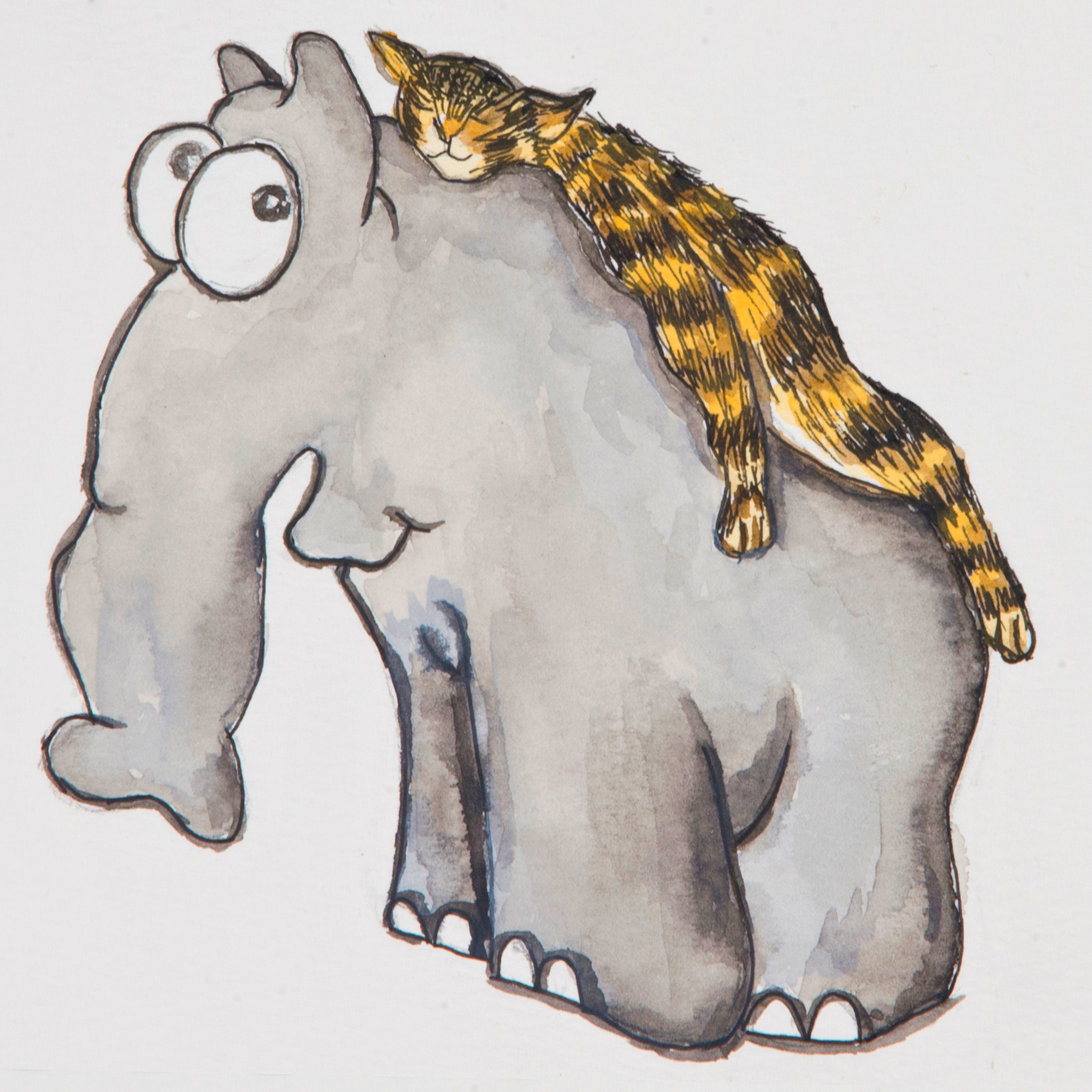 Elephant & Cat Watercolor Canvas Print – A3 Whimsical Friendship Wall Art