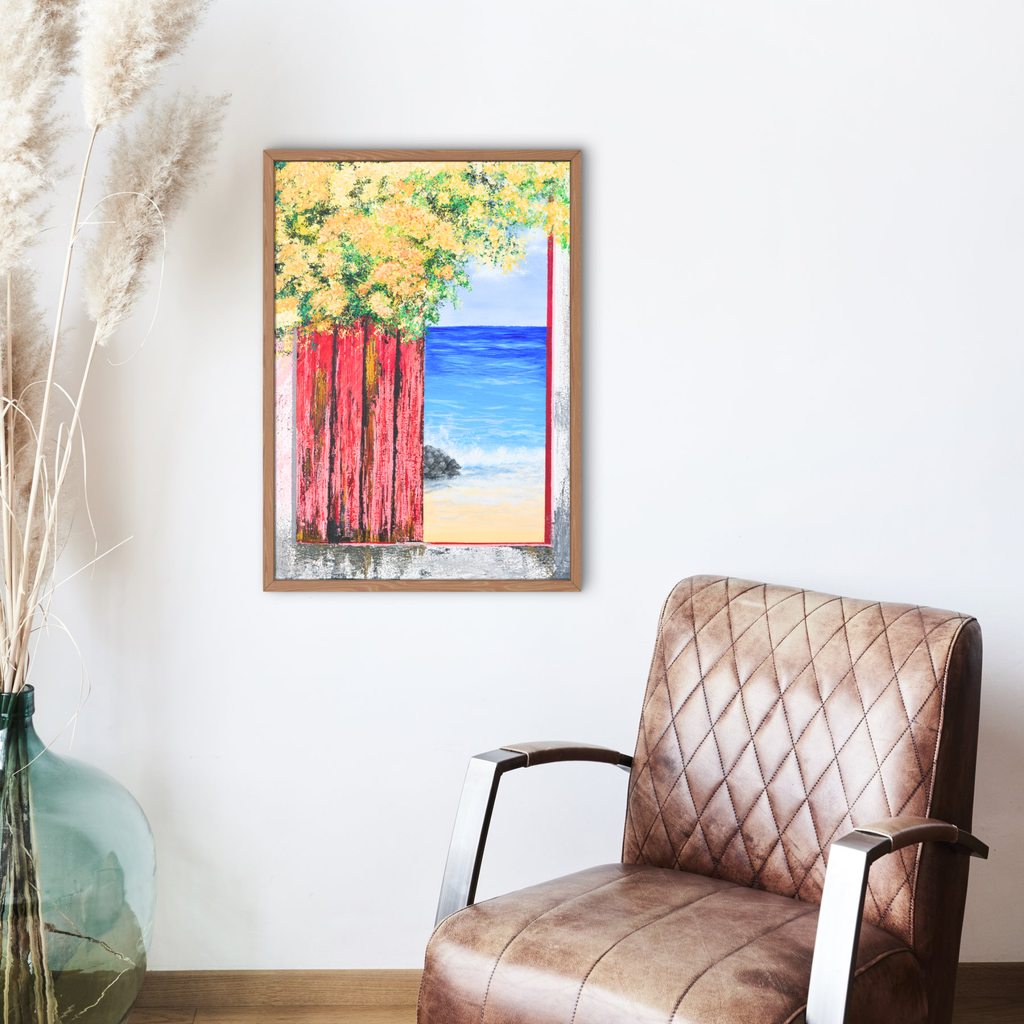 Ocean View with Blossoms Canvas Print – A3 Coastal Floral Landscape Wall Art