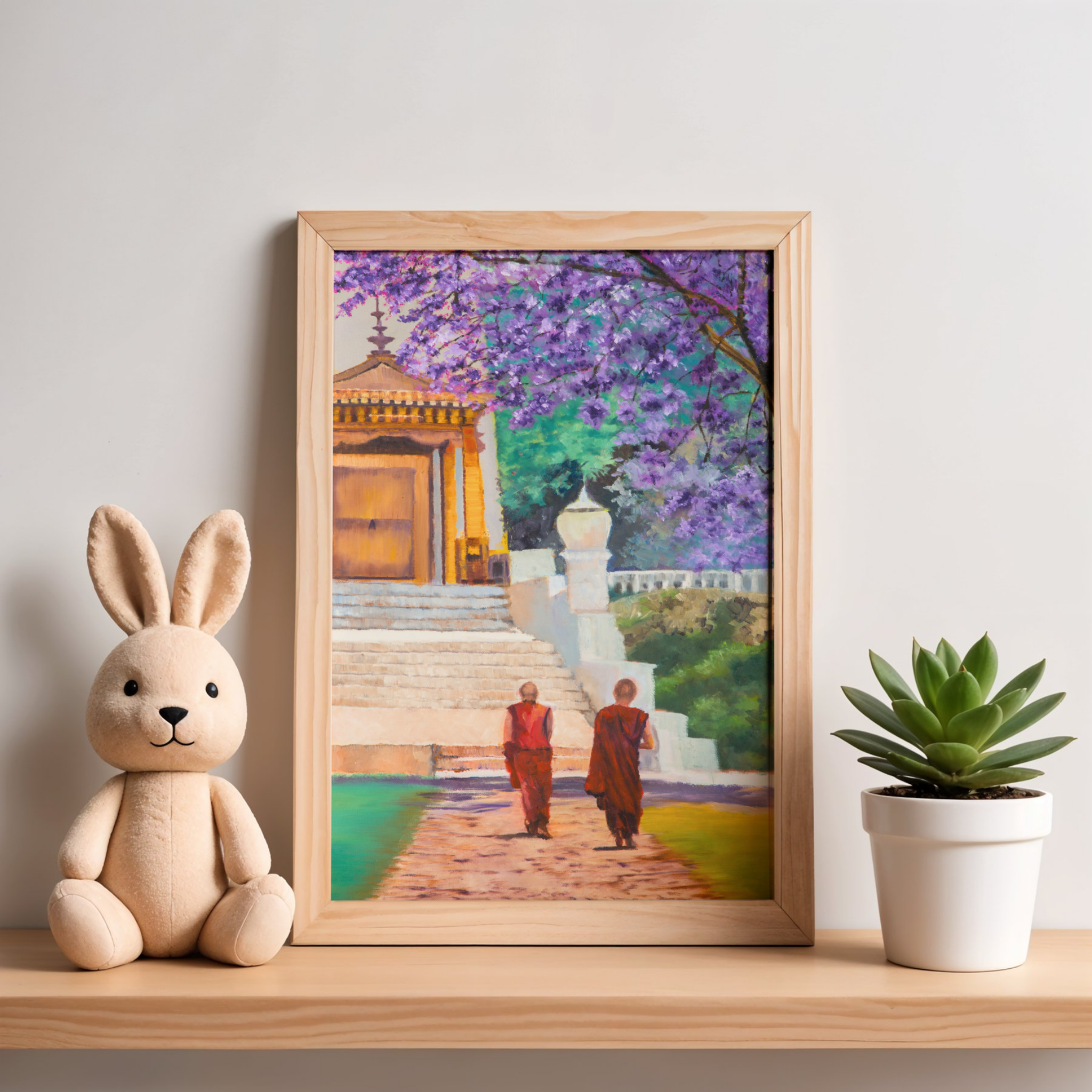 Temple Path Canvas Print – A3 Spiritual Landscape Wall Art with Purple Blossoms
