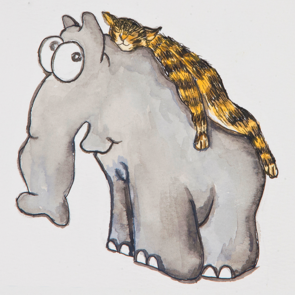 Elephant & Cat Watercolor Canvas Print – A3 Whimsical Friendship Wall Art
