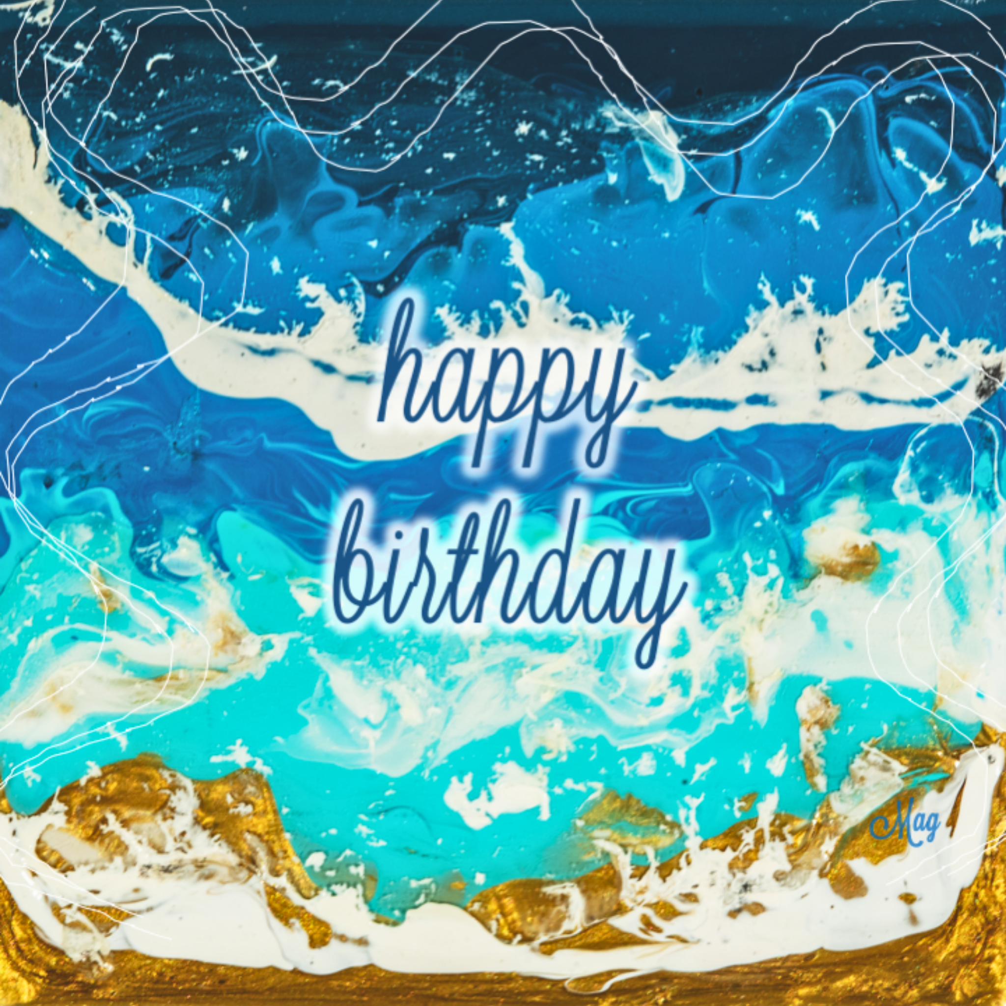 Shoreline Radiance Card – Happy Birthday Greeting Card with Acrylic Pour Sea Shore Waves