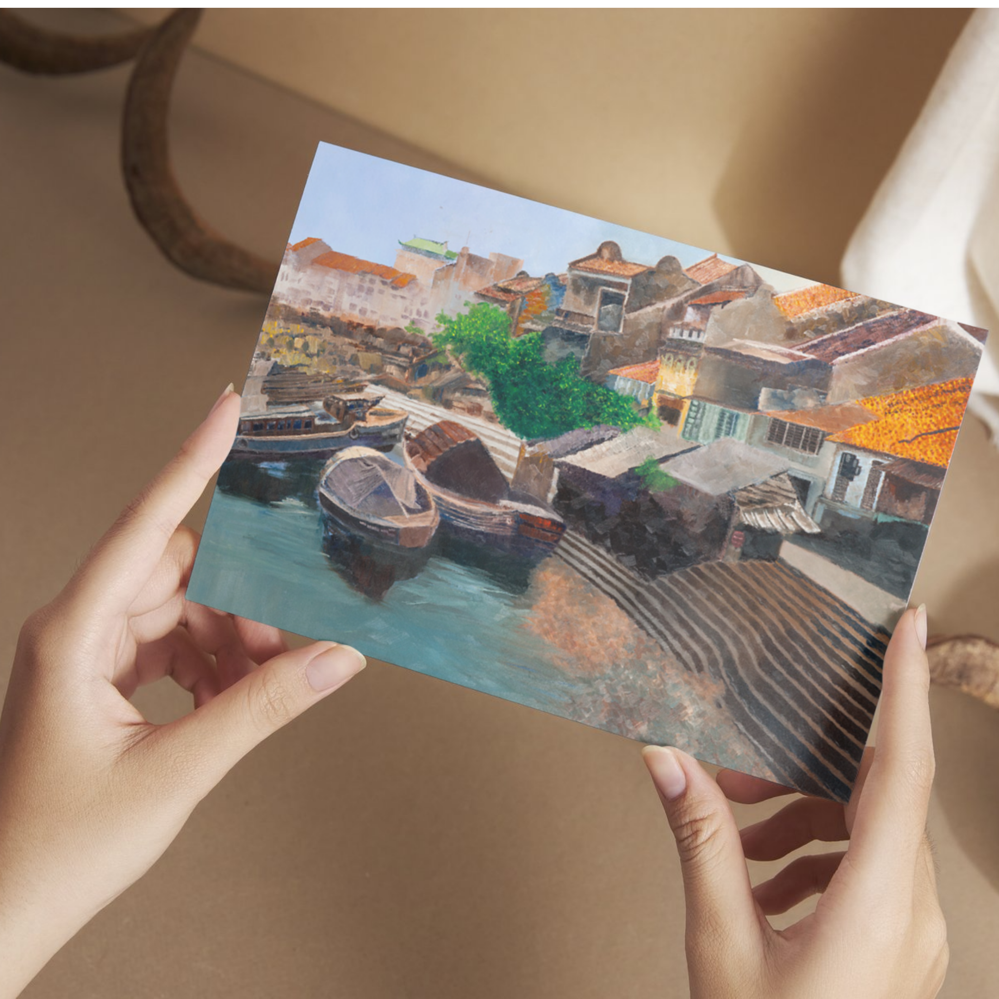 Old Boat Quay Landscape Card – Acrylic Painting Design