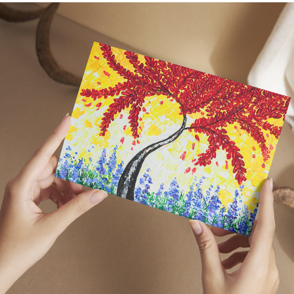 Crimson Tree Floral Card – Acrylic Painting Design