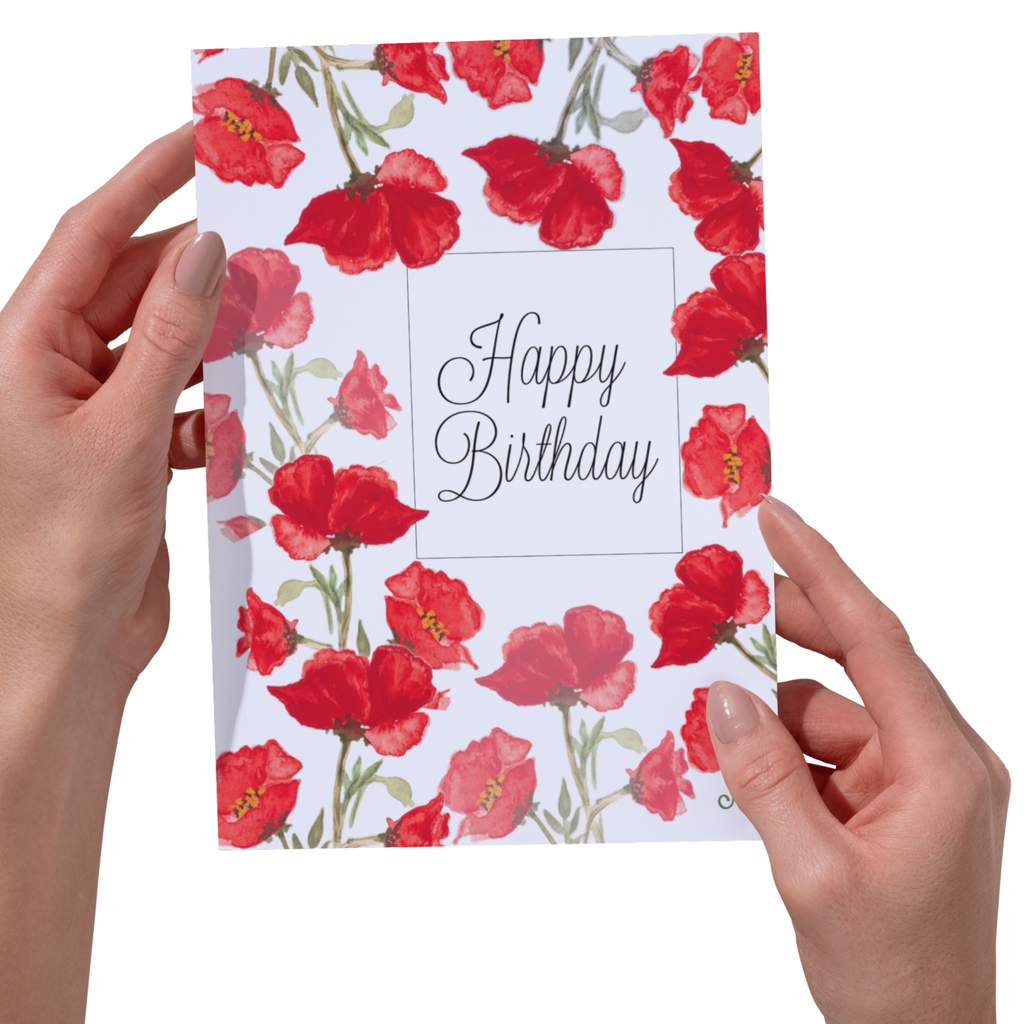 Poppy Frame Card – Happy Birthday Greeting Card with Watercolor Red Poppies