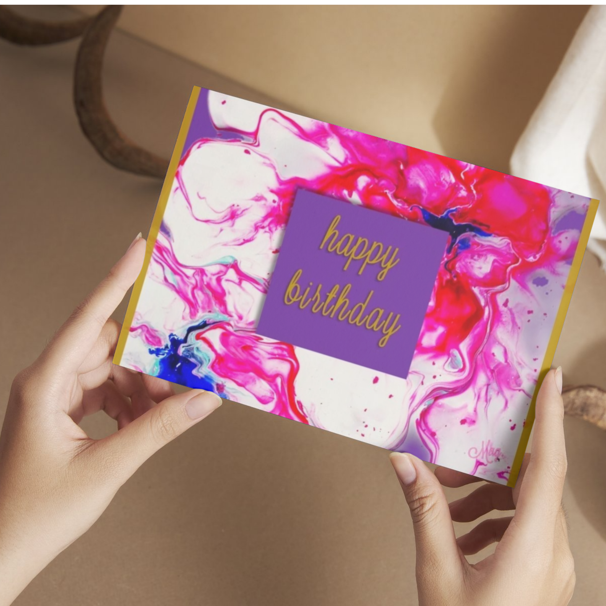Radiant Swirl Acrylic Flow Card – Happy Birthday Greeting Card with Purple Floral & Gold Frame