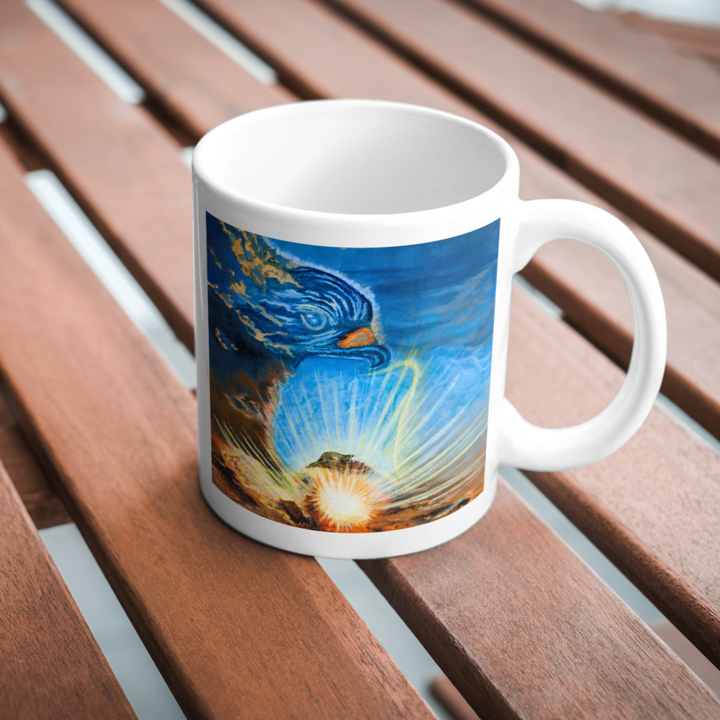 Messenger in the Sky Mug – Ceramic Mug with Surreal Cloud Bird & Sunburst Artwork