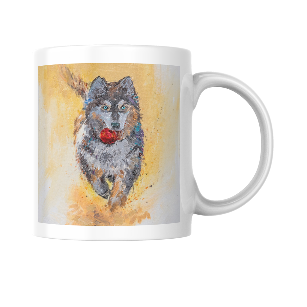 Playful Husky with Red Ball Mug – Energetic Dog Ceramic Coffee Mug
