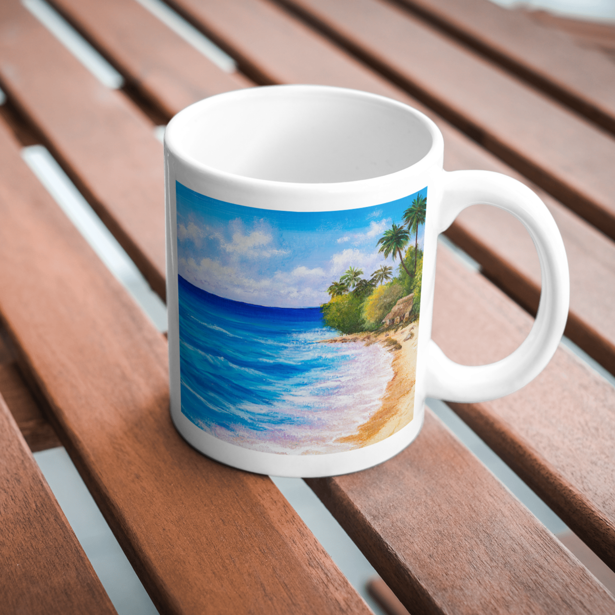 Coastal Retreat Mug – Ceramic Mug with Tropical Beach Scene & Palm Hut