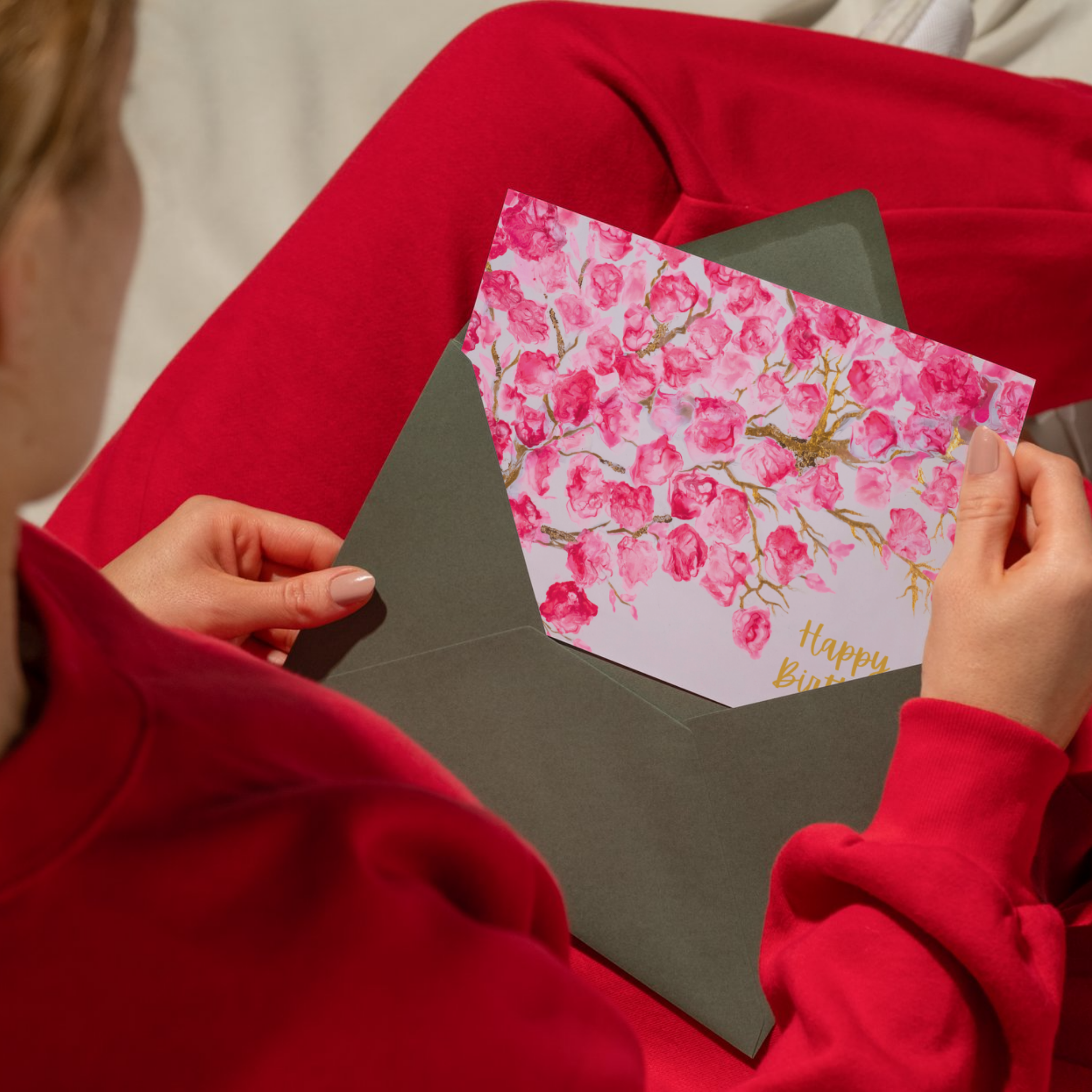 Pink Blossoms Impressionist Card – Happy Birthday Greeting Card with Pink Florals & Gold Branches