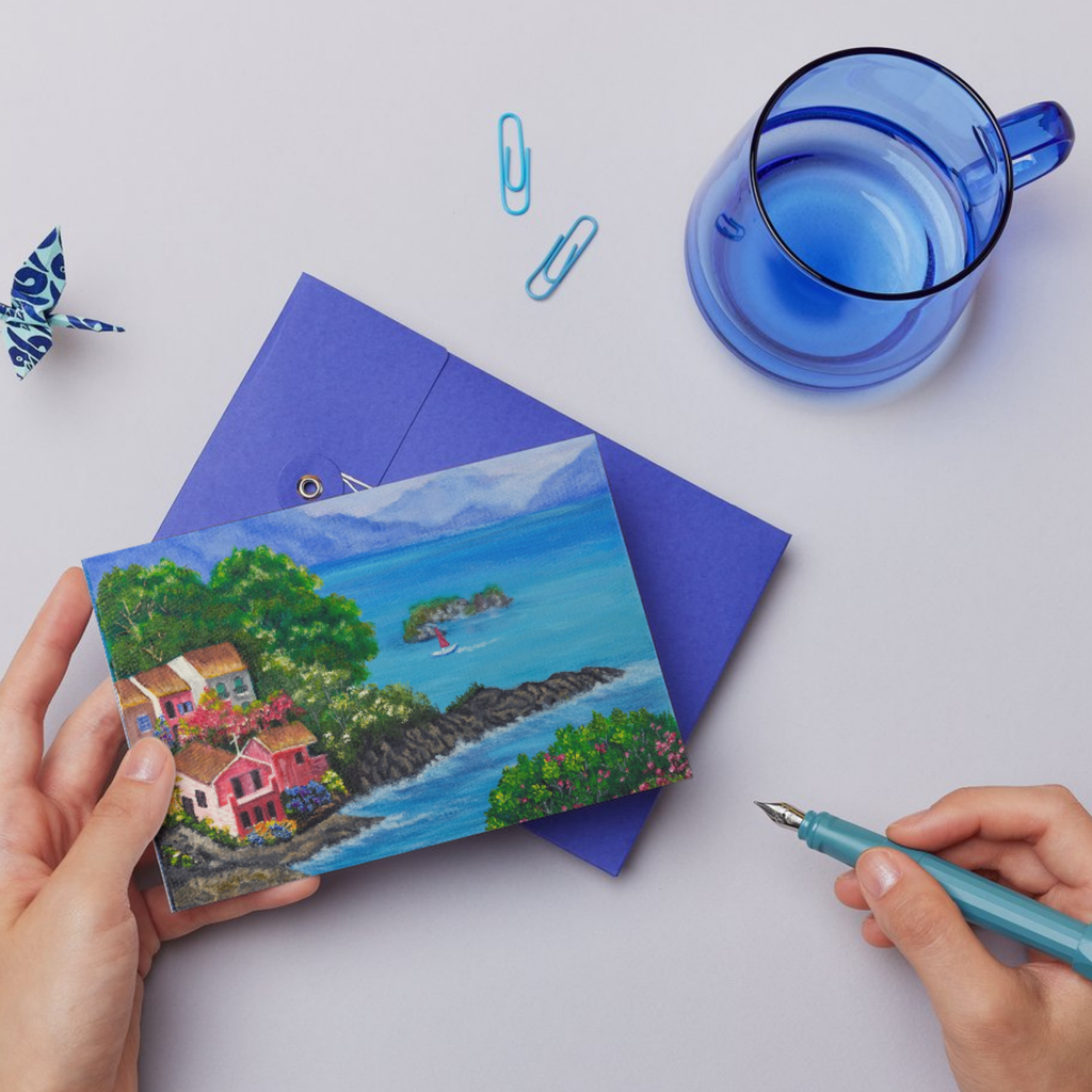 Seaside Bloom Card – Greeting Card with Vibrant Coastal Village & Nature Artwork