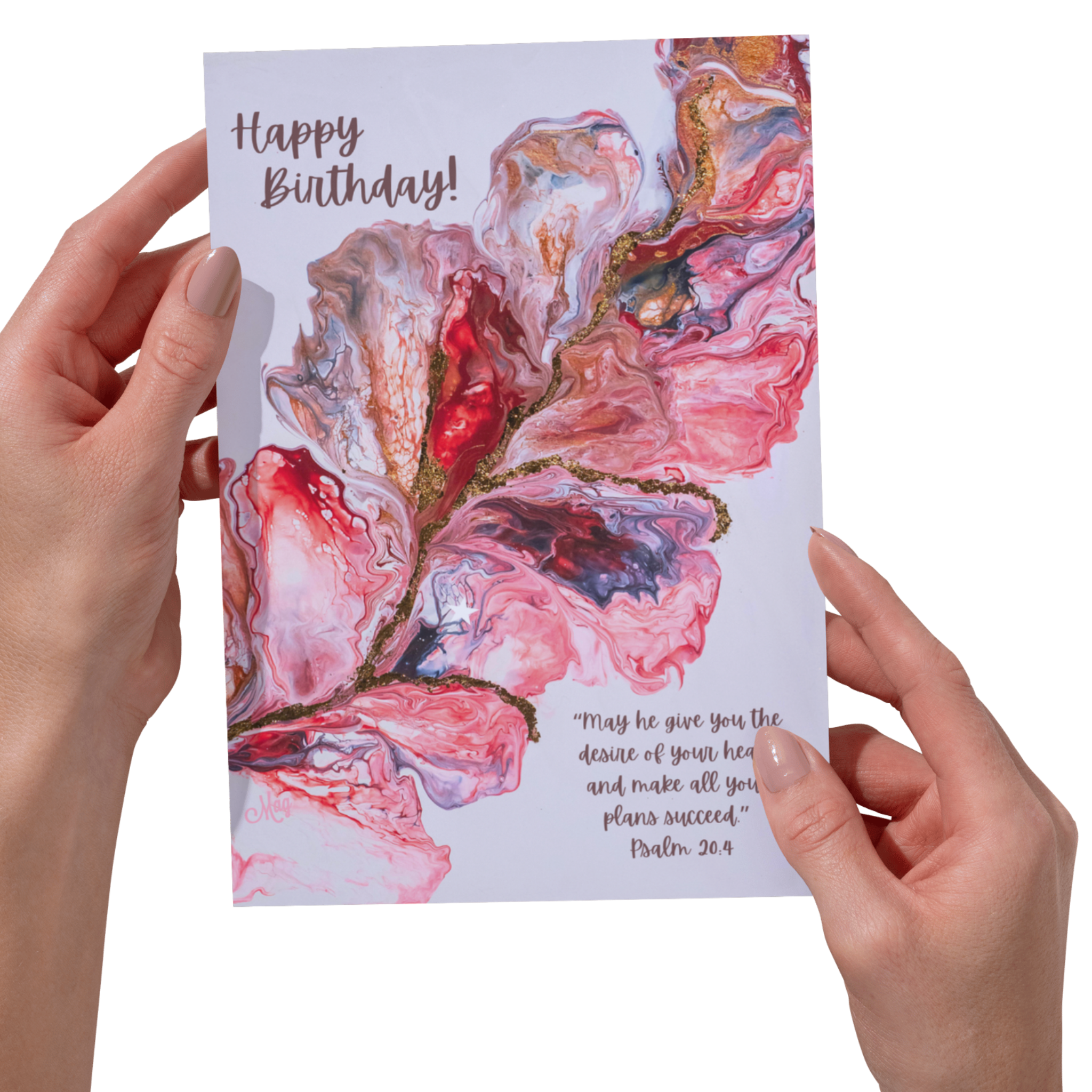 Desire Bloom Acrylic Flow Card – Happy Birthday Greeting Card with Abstract Florals & Psalm 20:4 Blessing