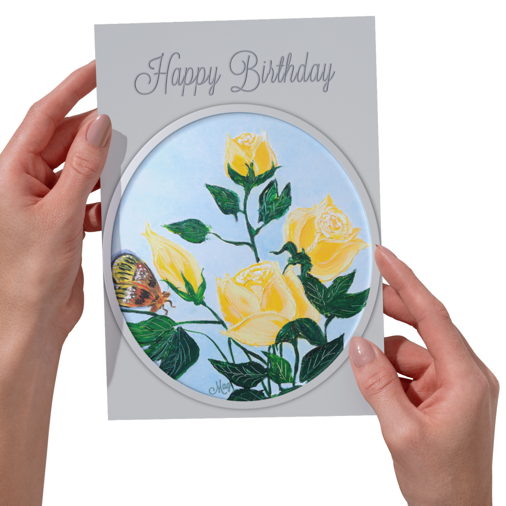 Rose Framed Card – Happy Birthday Greeting Card with Yellow Roses & Butterfly Illustration