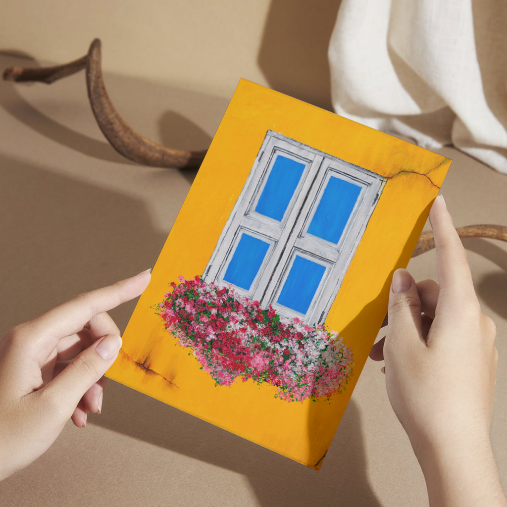 Window Bloom – Blank Greeting Card with Craft Envelope & Rustic Floral Window Artwork