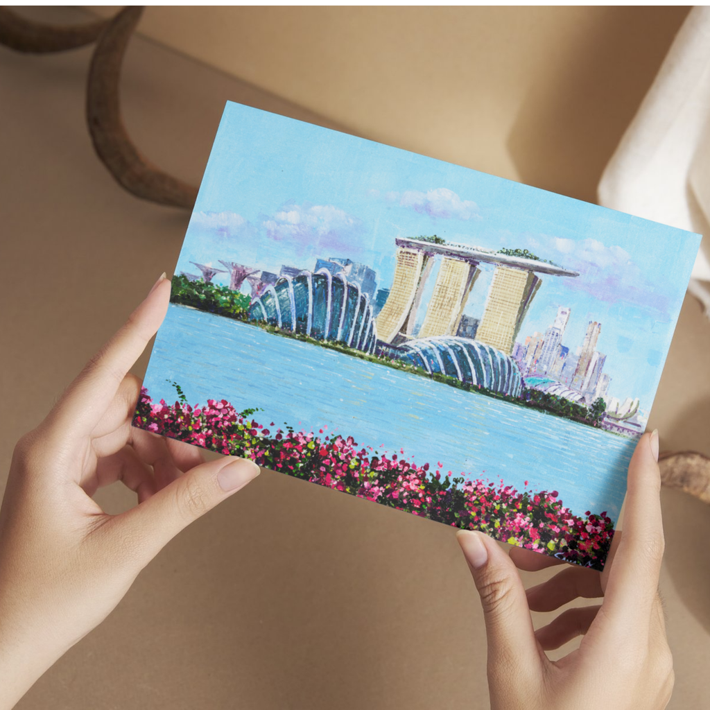 Marina Bay Sands & Gardens Landscape Card – Curated Acrylic Painting Design