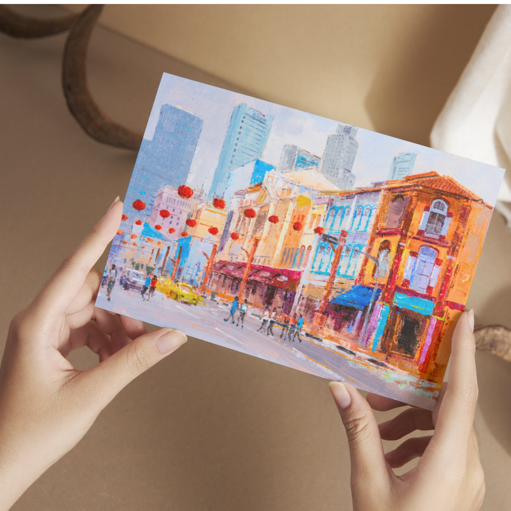 Singapore Chinatown Street Scene Landscape Card – Curated Acrylic Painting Design
