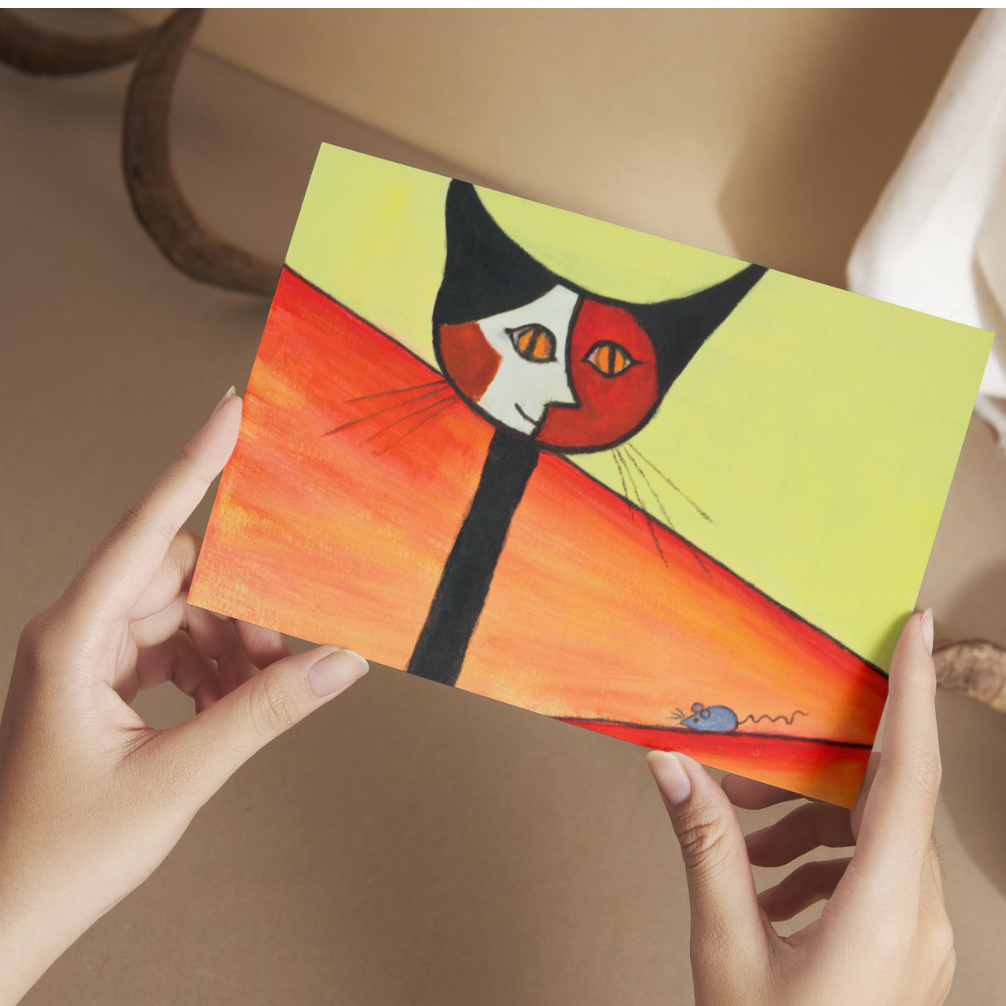 Picasso‑Inspired Cat & Mouse Abstract Art Card – Bold Colors