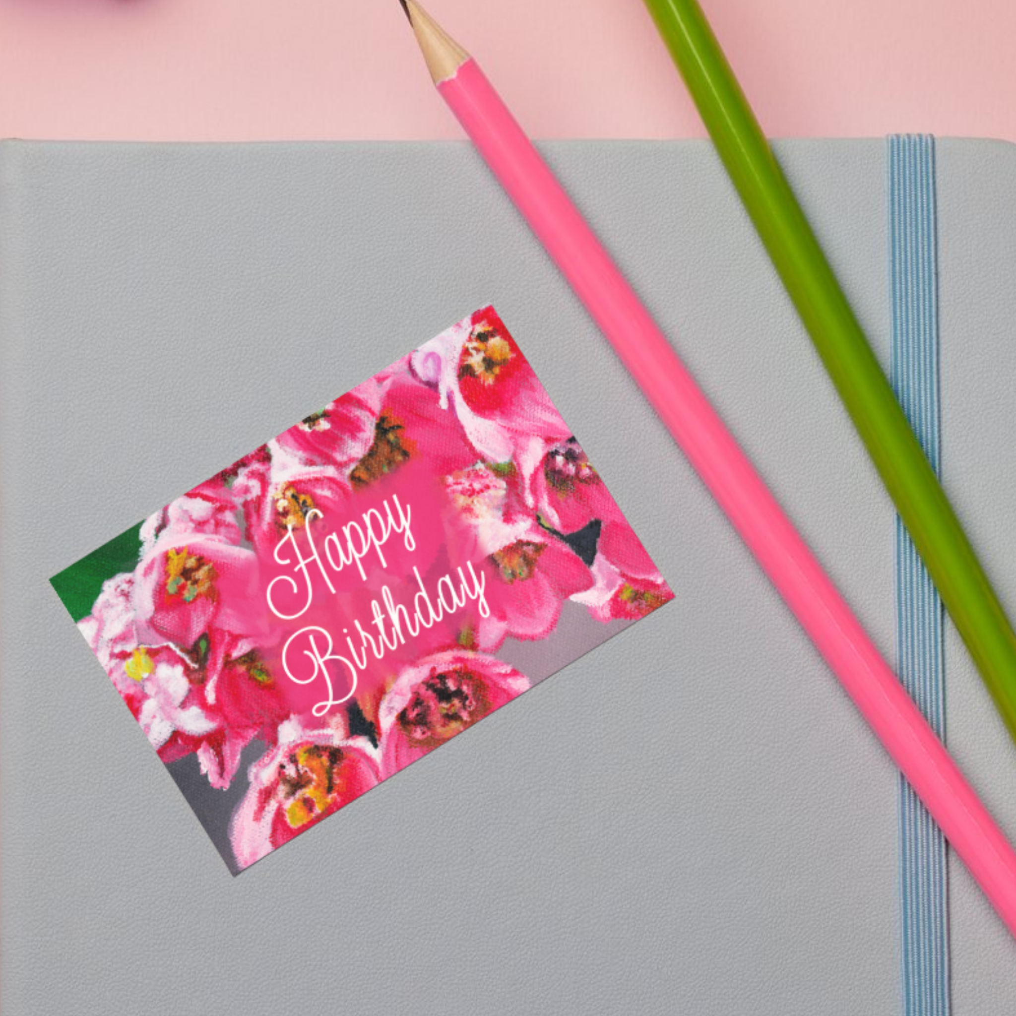 Birthday Bloom Card – Greeting Card with Pink Floral Design & Elegant Script