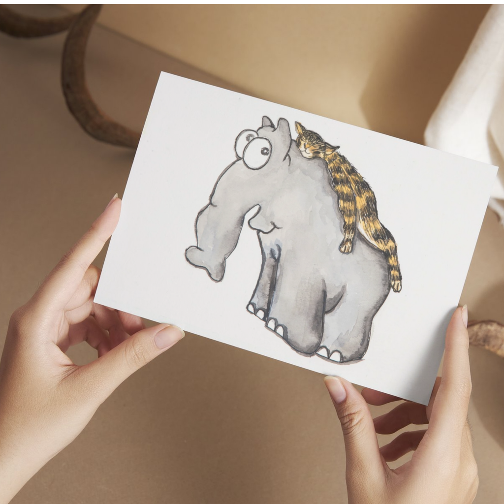Elephant & Cat Inspired Watercolor Art Card – Playful Companionship