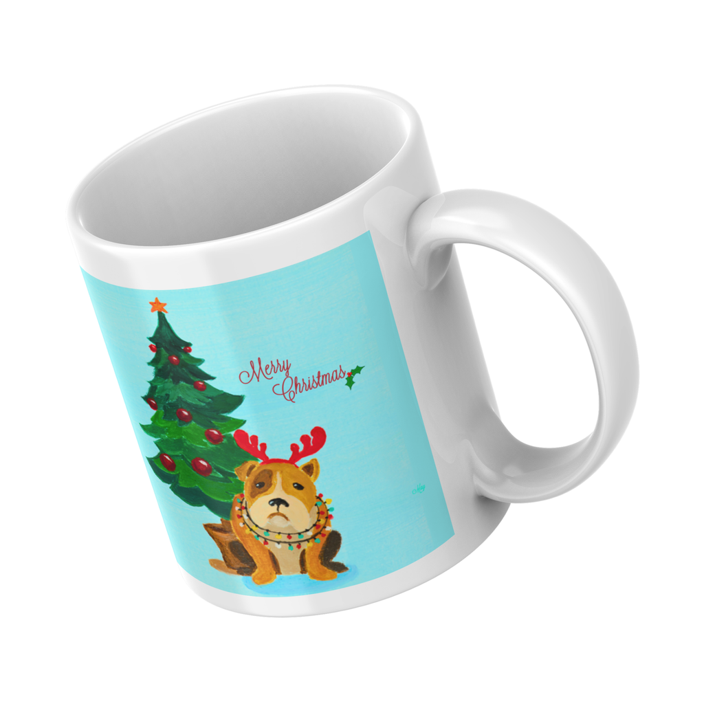 Grumpy Bulldog Reindeer Mug – Funny Christmas Dog Ceramic Coffee Mug