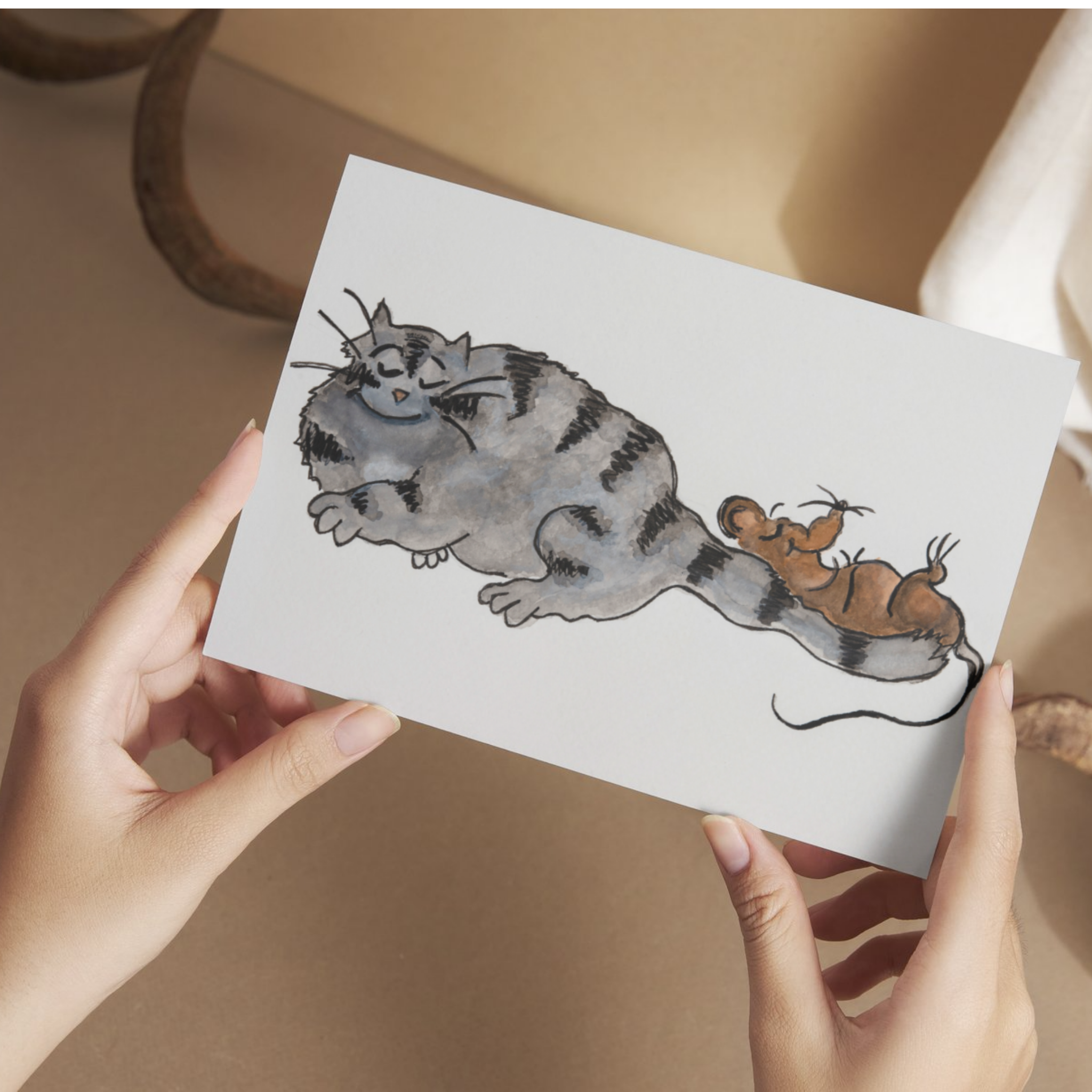 Cat & Mouse Inspired Line and Wash Art Card – Whimsical Friendship