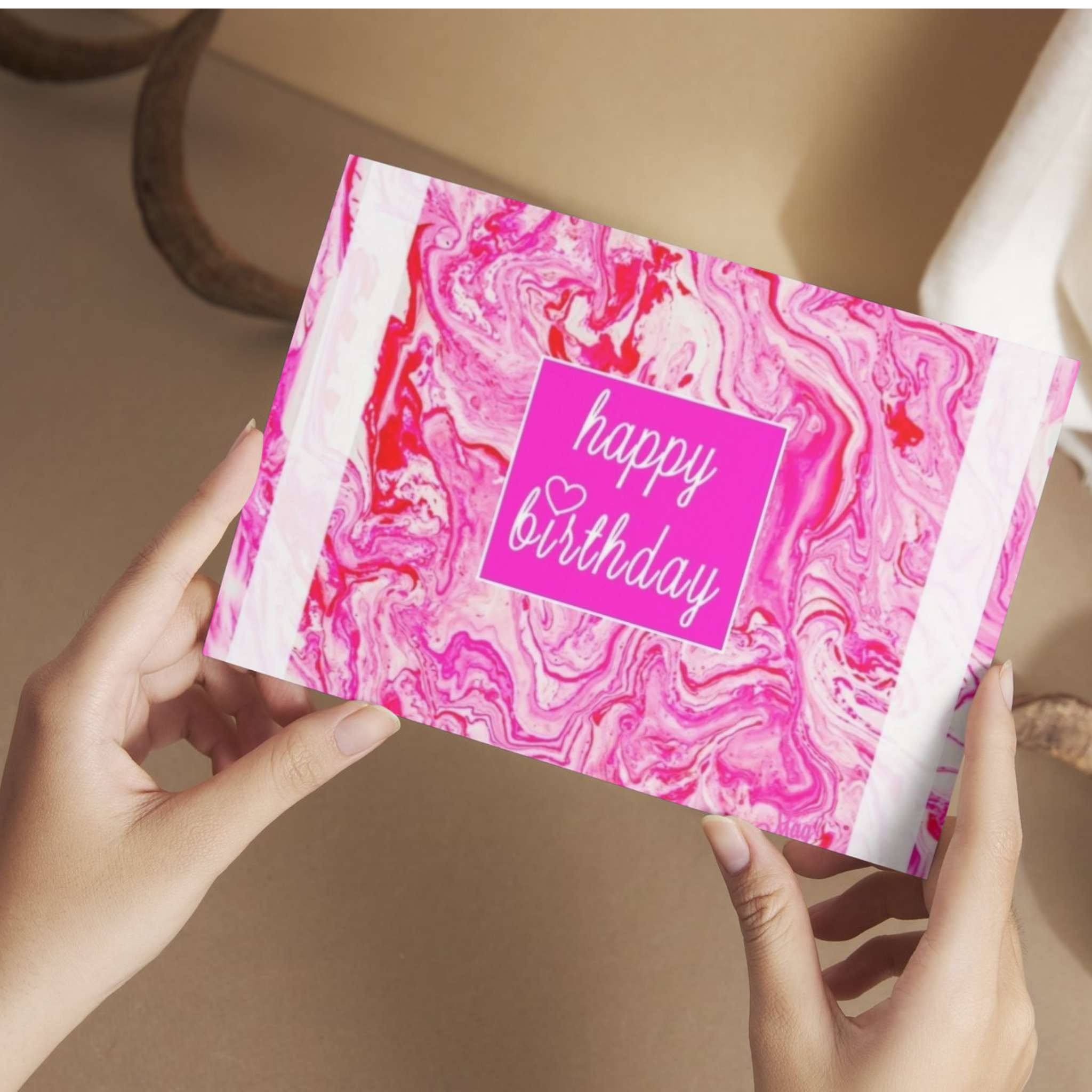 Acrylic Flow Card – Happy Birthday Greeting Card with Pink Marbled Background & Heart Accent