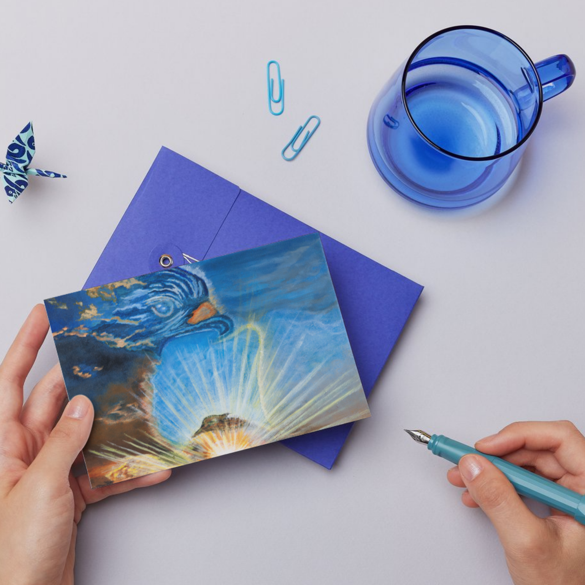 Messenger in the Sky Card – Greeting Card with Surreal Cloud Bird & Radiant Light Artwork