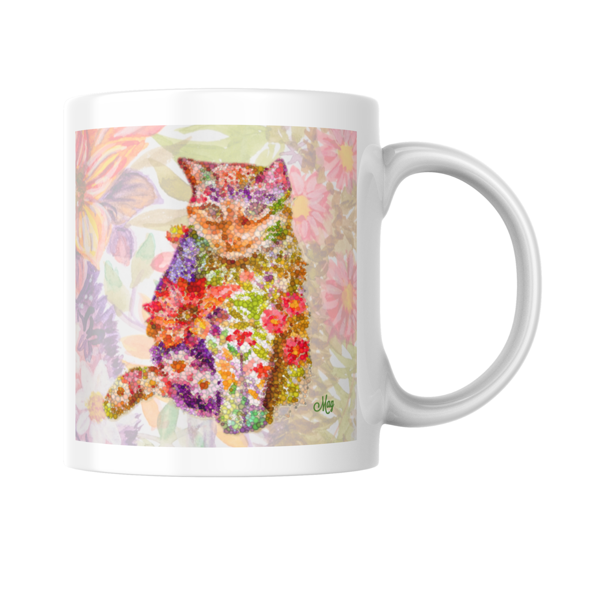 Floral Pointillism Cat Mug – Vibrant Colorful Cat Ceramic Coffee Mug