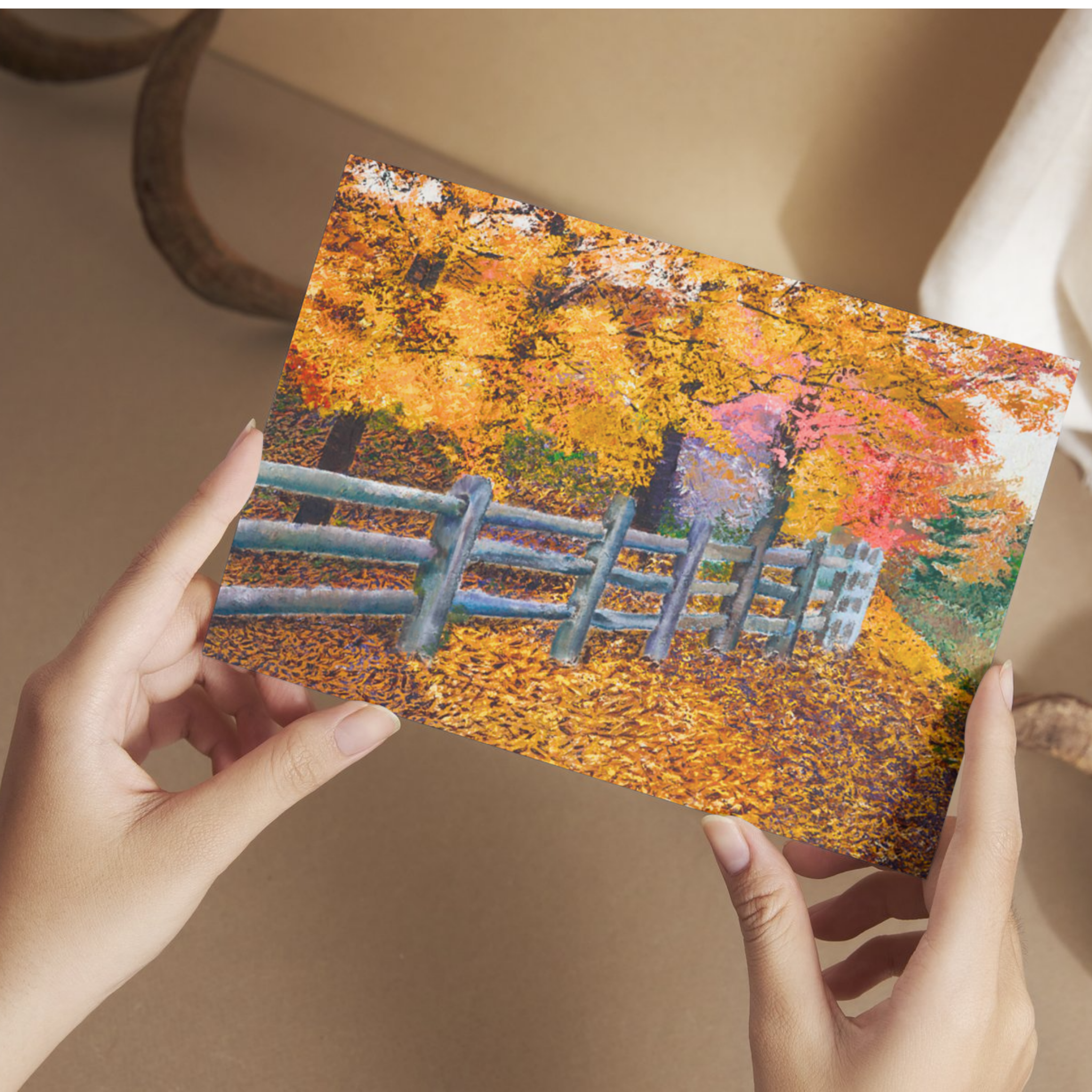Autumn Fence Landscape Card – Acrylic Painting Design