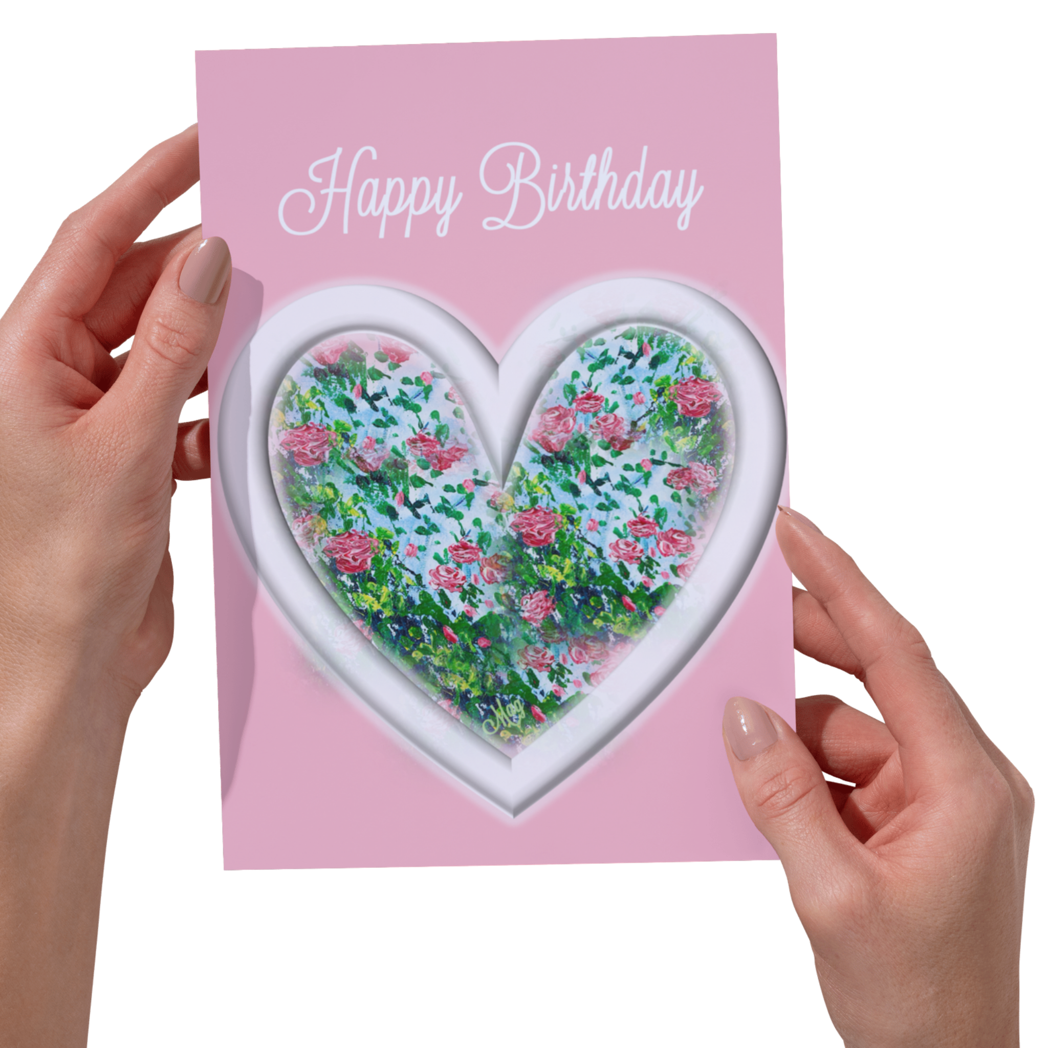 Heart & Roses Card – Happy Birthday Greeting Card with Floral Heart on Pink Background