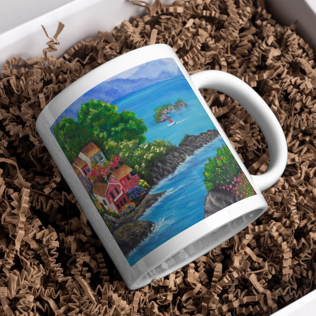 Seaside Bloom Mug – Ceramic Mug with Vibrant Coastal Village & Nature Artwork
