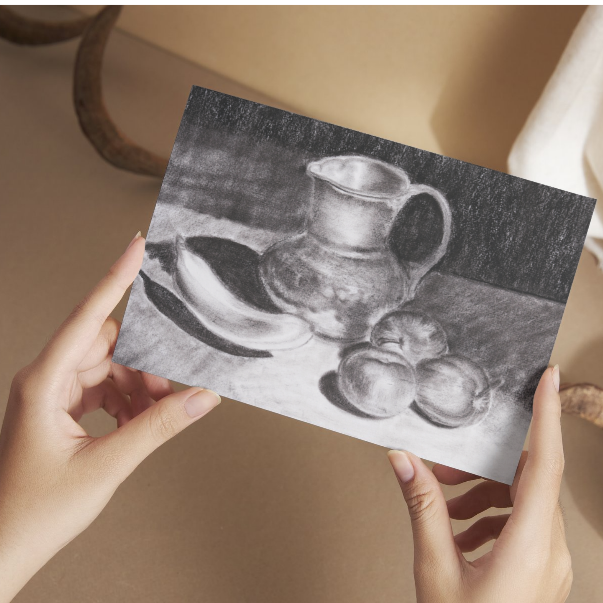 Still Life with Pitcher and Fruit – Charcoal Art Greeting Card (Original Drawing)