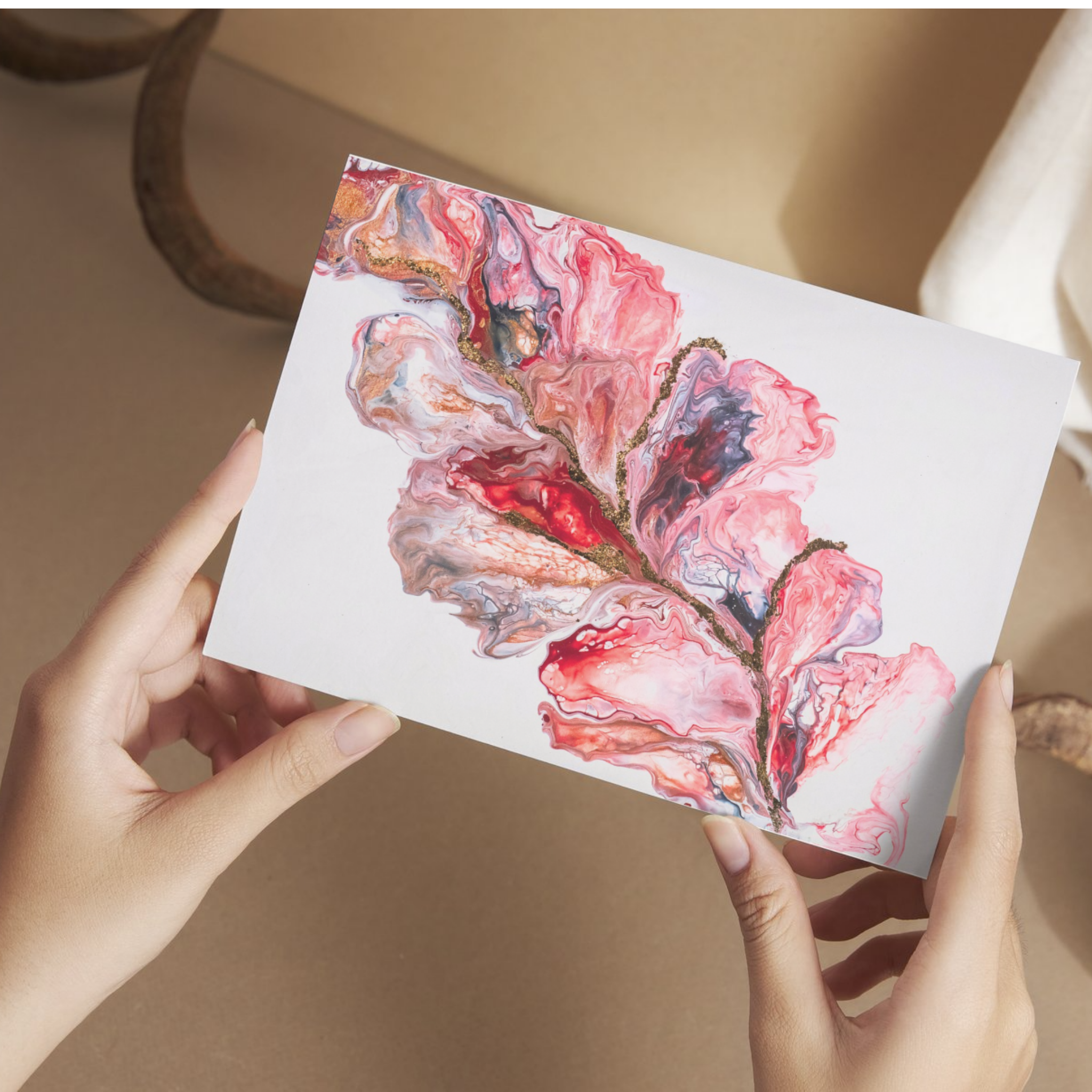 Golden Veins Floral Card – Acrylic Flow Design