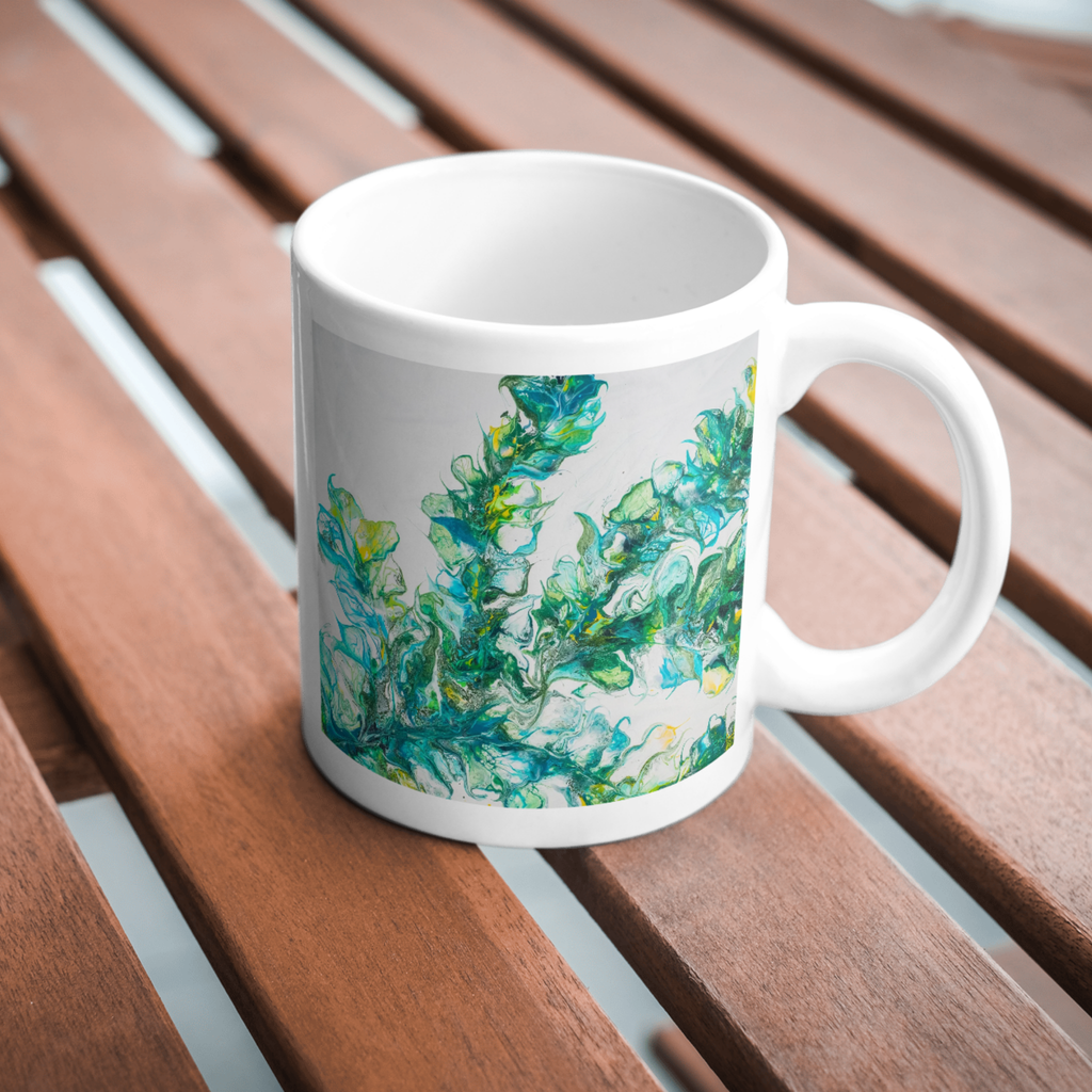 Riverlight Mug – Ceramic Mug with Swirling Abstract Design in Green, Blue & Yellow