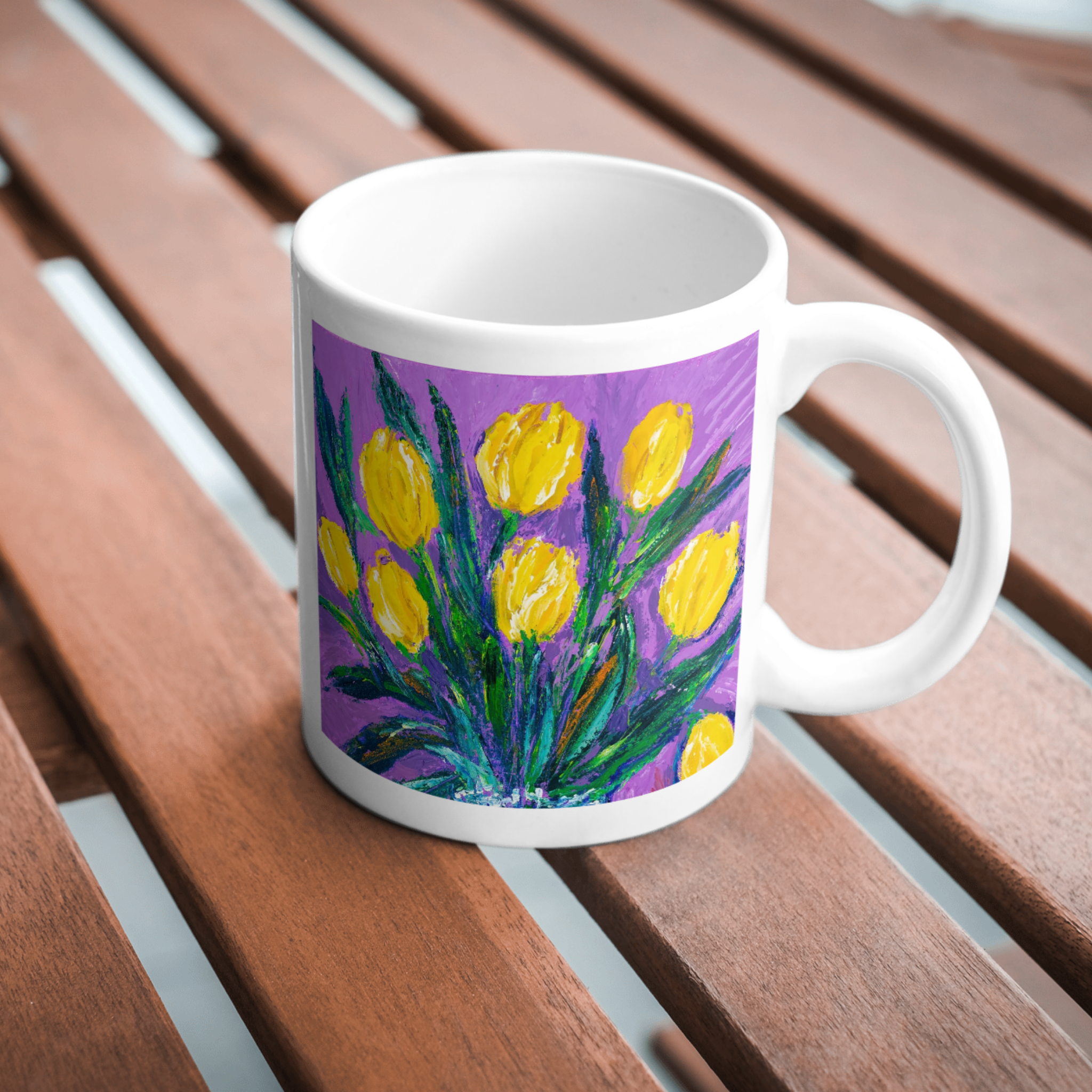 Sunlit Blooms Mug – Ceramic Mug with Yellow Tulips in a Clear Vase Artwork