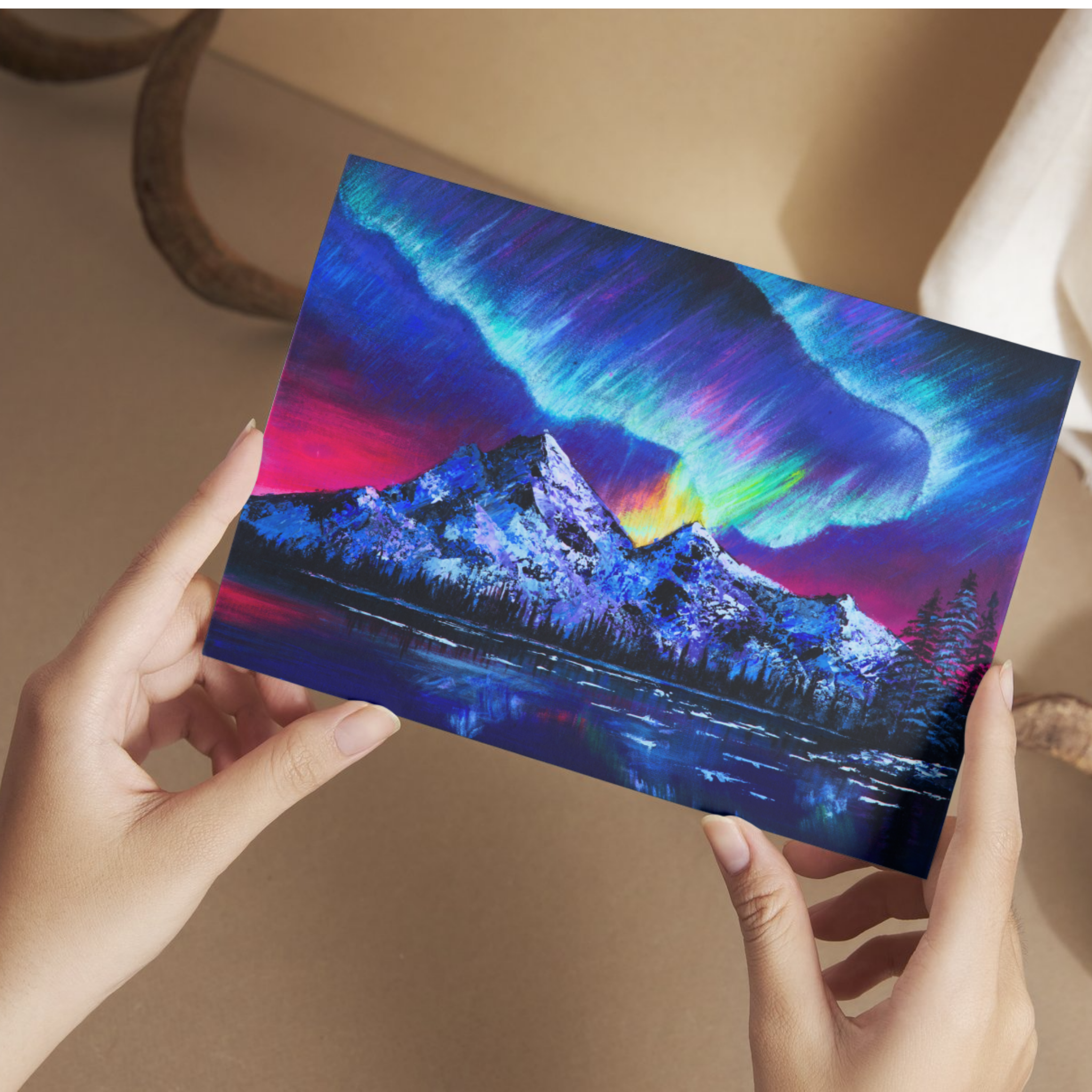Aurora Borealis Landscape Card – Acrylic Painting Design