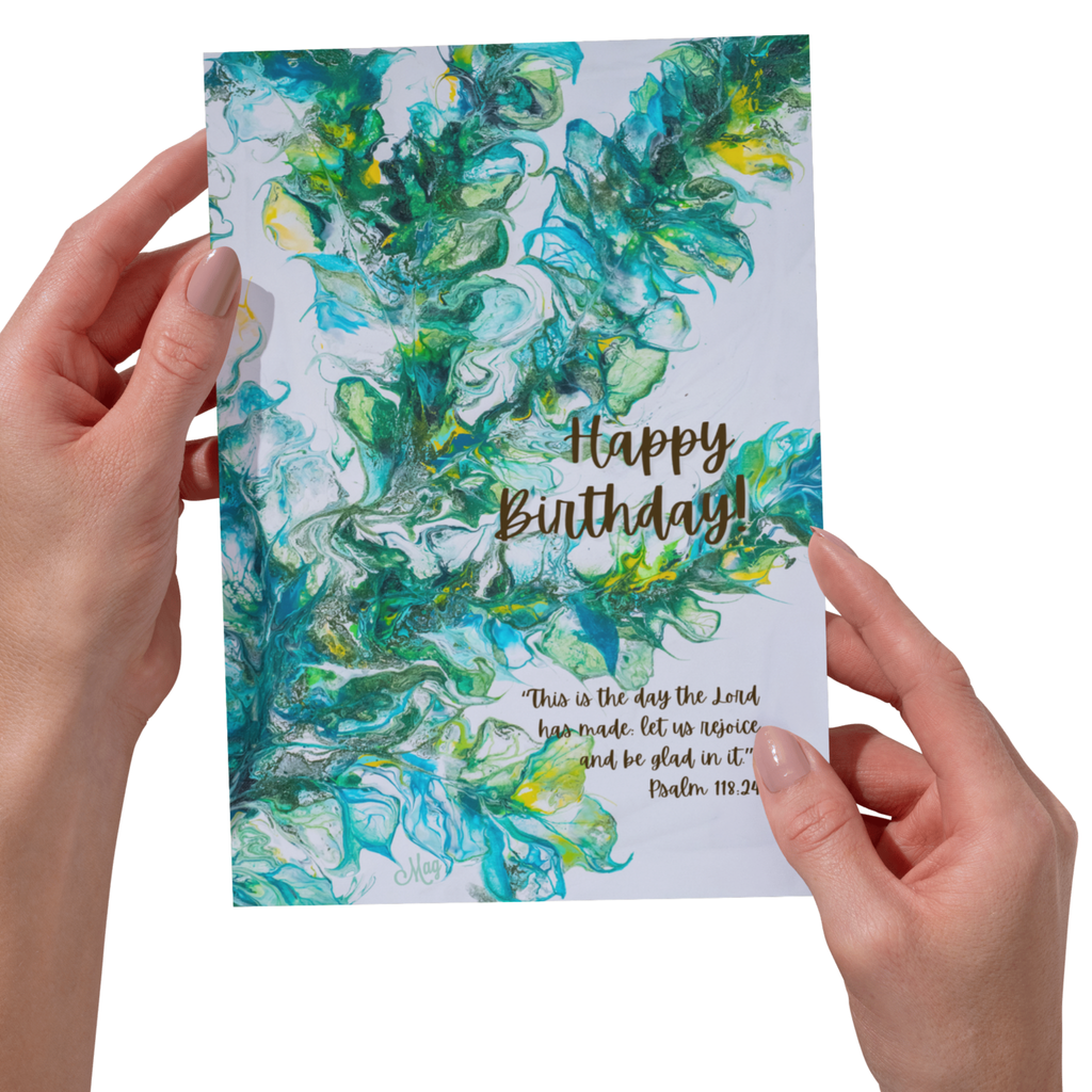 Acrylic Flow Card – Happy Birthday Greeting Card with Abstract Swirls & Psalm 118:24 Blessing