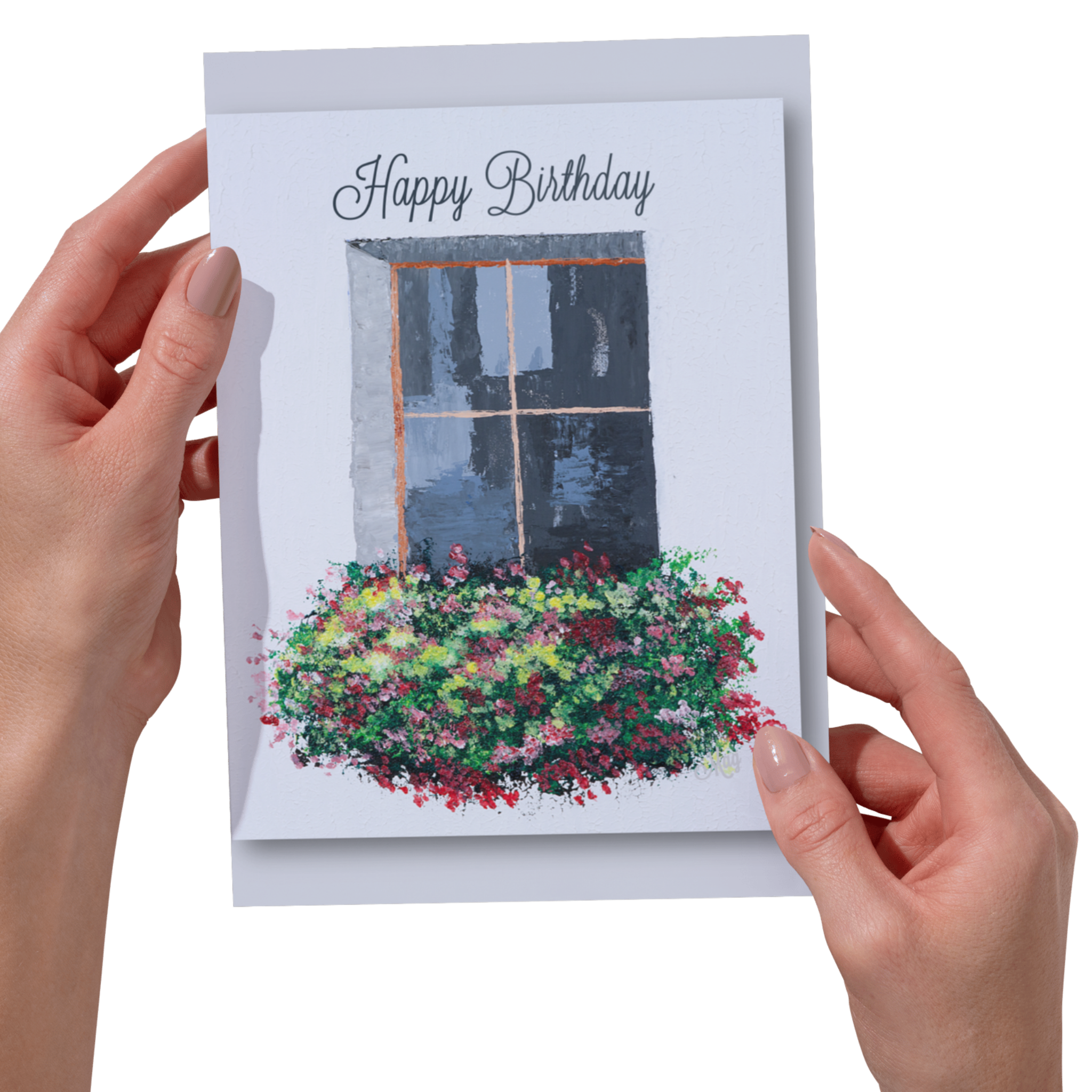 Window Garden Card – Happy Birthday Greeting Card with Painted Window & Flower Bed