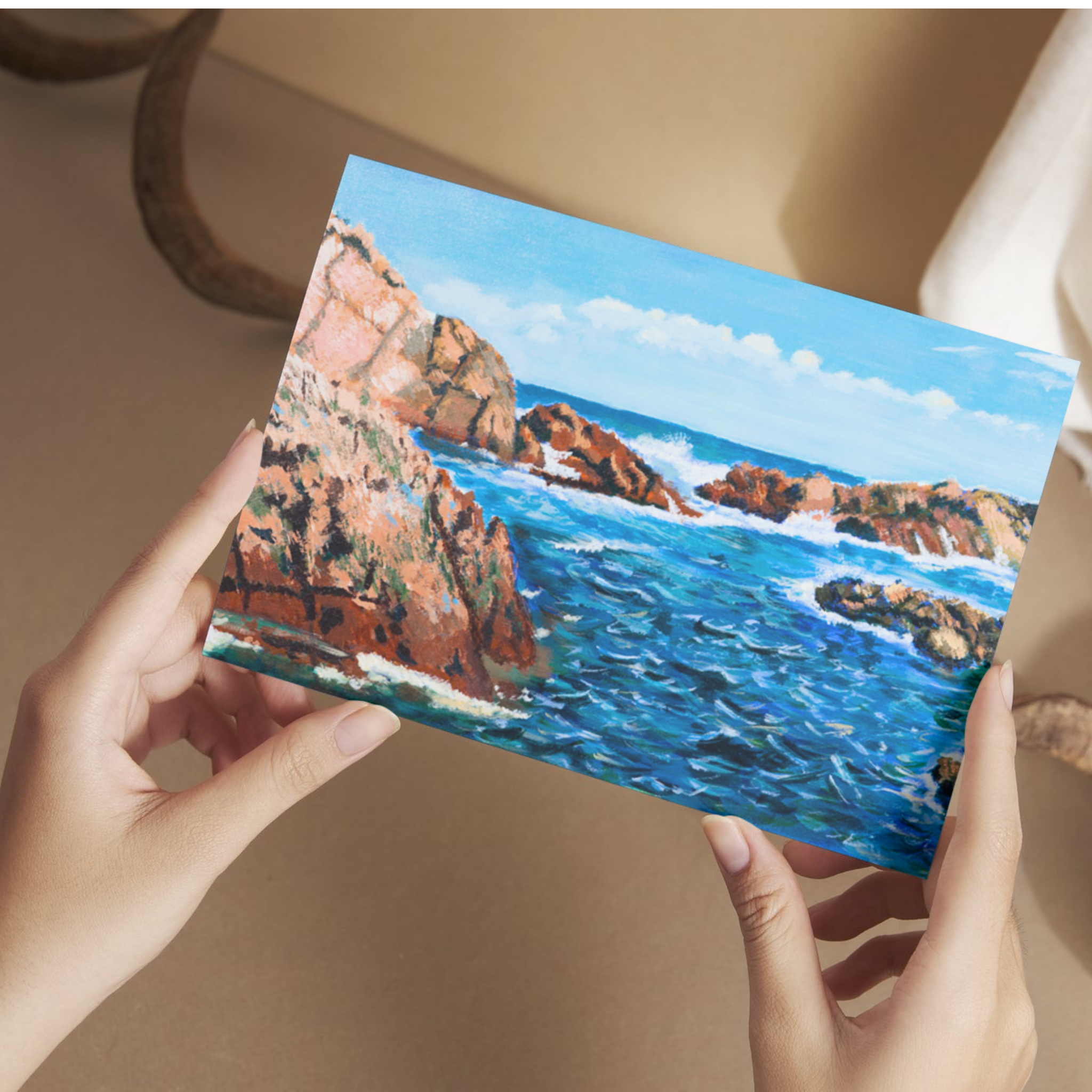 Rocky Seashore Landscape Card – Acrylic Painting Design
