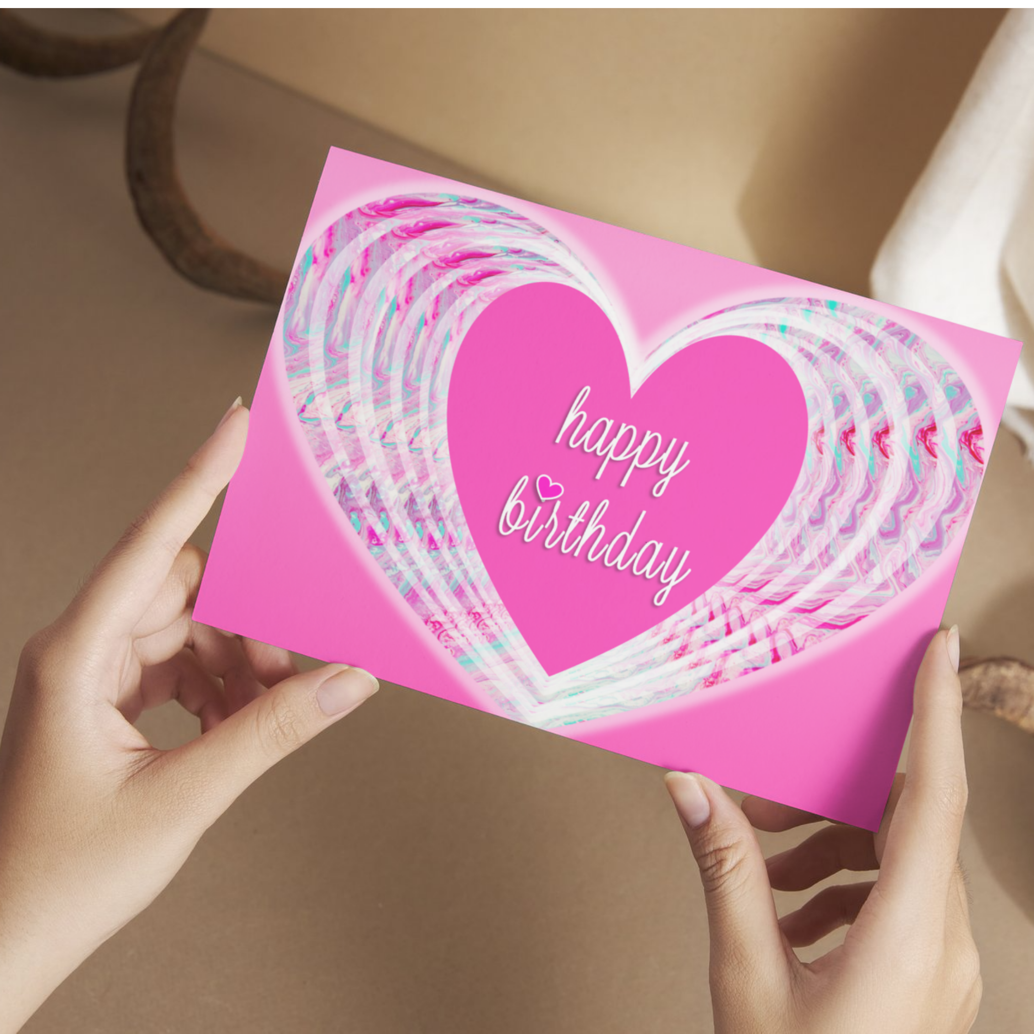 Swirling Hearts Acrylic Flow Card – Happy Birthday Greeting Card with Pink Heart & Pastel Layers
