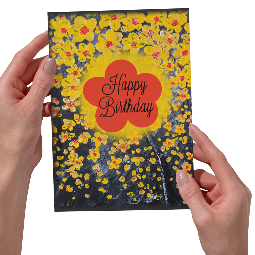 Radiant Bloom Card – Happy Birthday Greeting Card with Yellow Blossoms