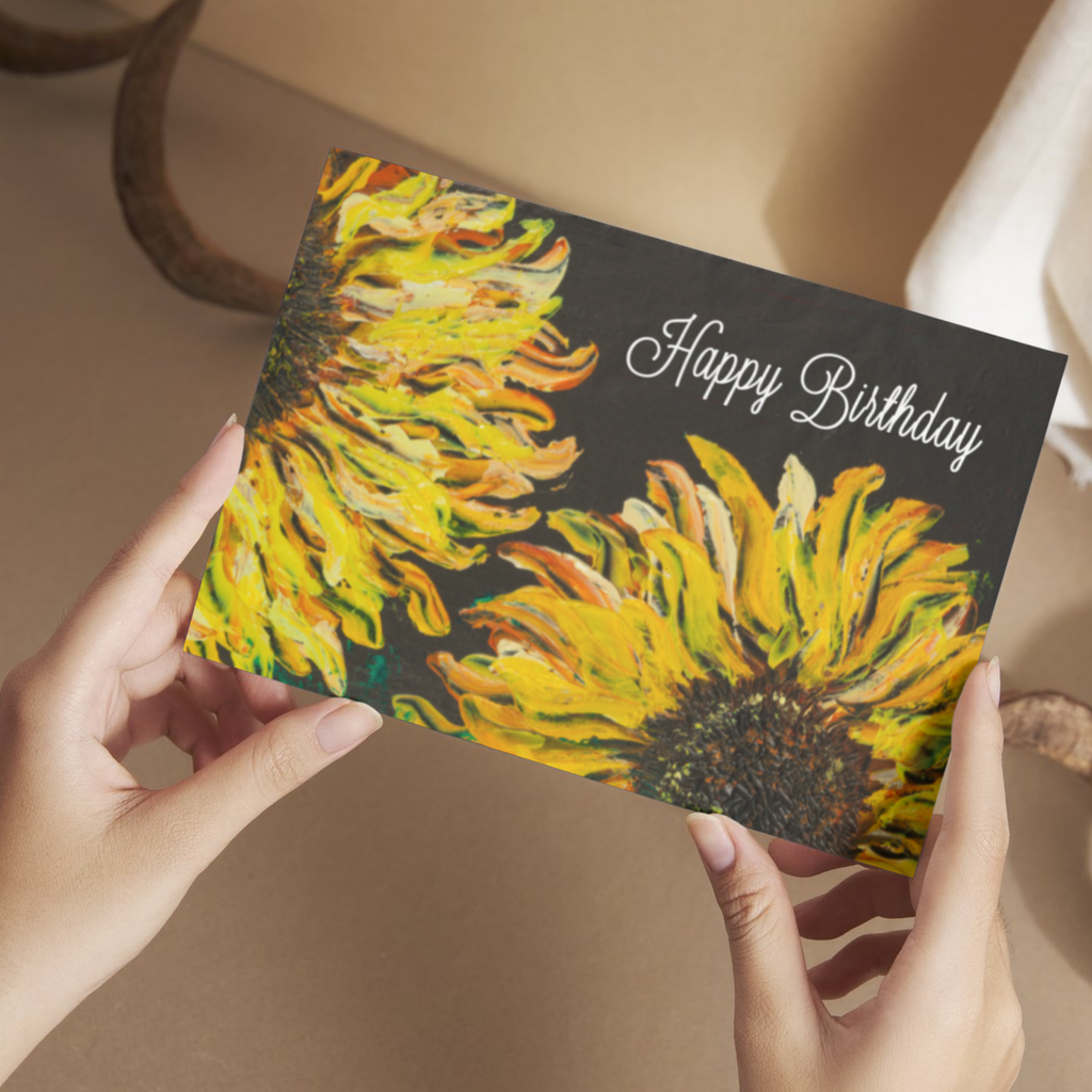 Sunflower Ember Card – Happy Birthday Greeting Card with Bold Sunflower Painting on Dark Background