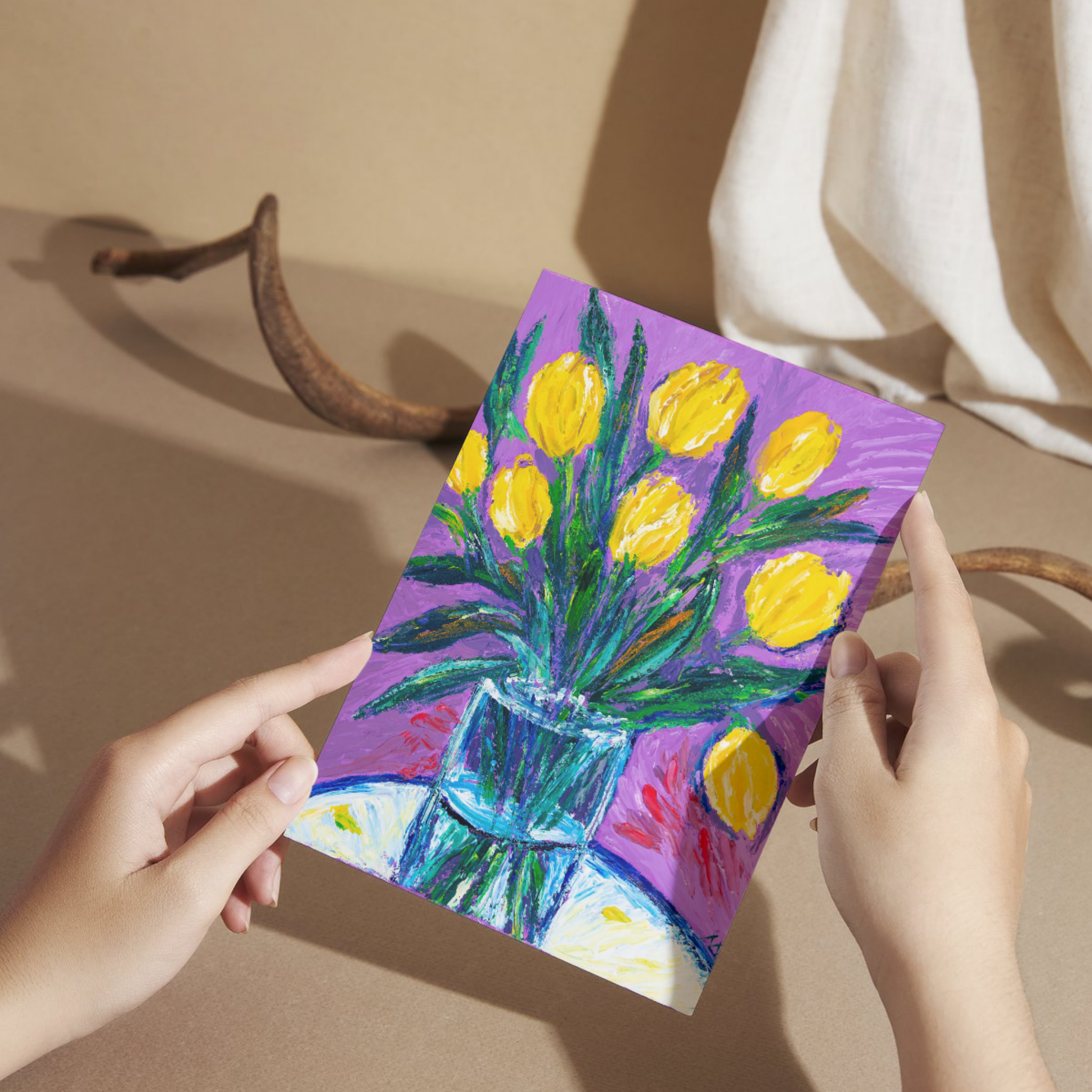 Golden Bloom – Blank Greeting Card with Craft Envelope & Expressive Tulip Artwork