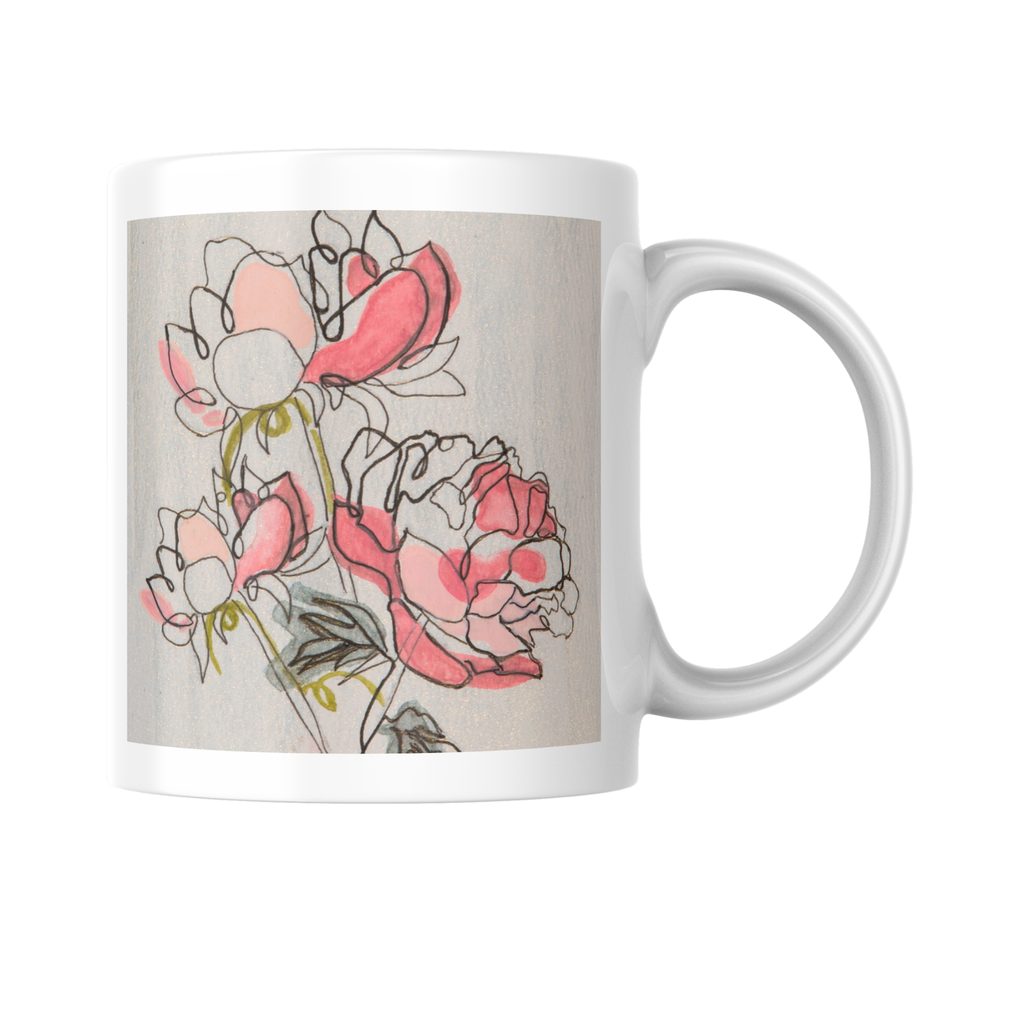 Modern Peony Mug – Line & Watercolor Ceramic Coffee Mug