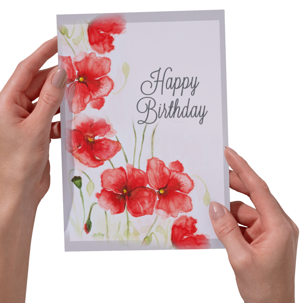 Poppy Blush Card – Happy Birthday Greeting Card with Watercolor Red Poppies